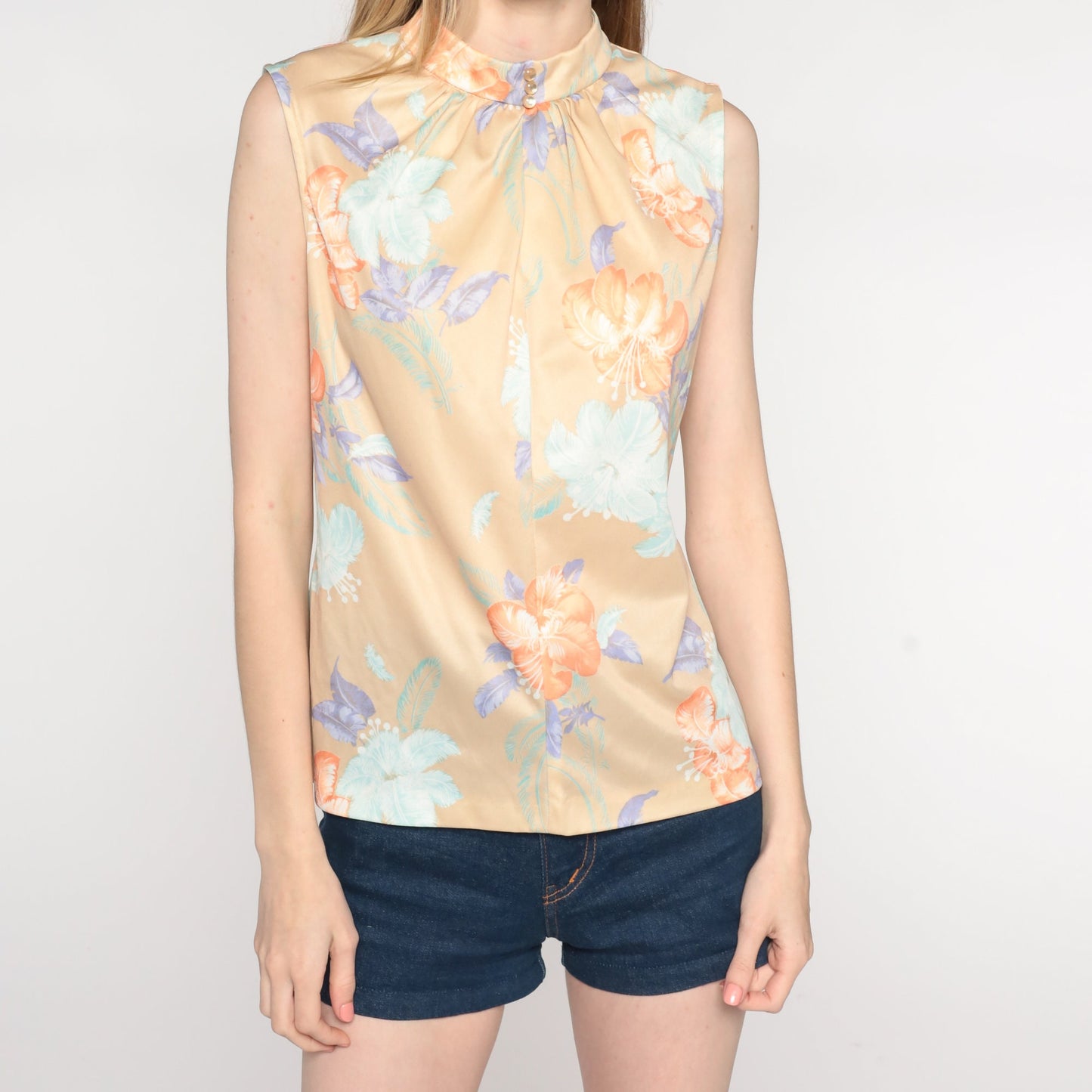 70s Floral Tank Top Beige Psychedelic Print Sleeveless Blouse Medium