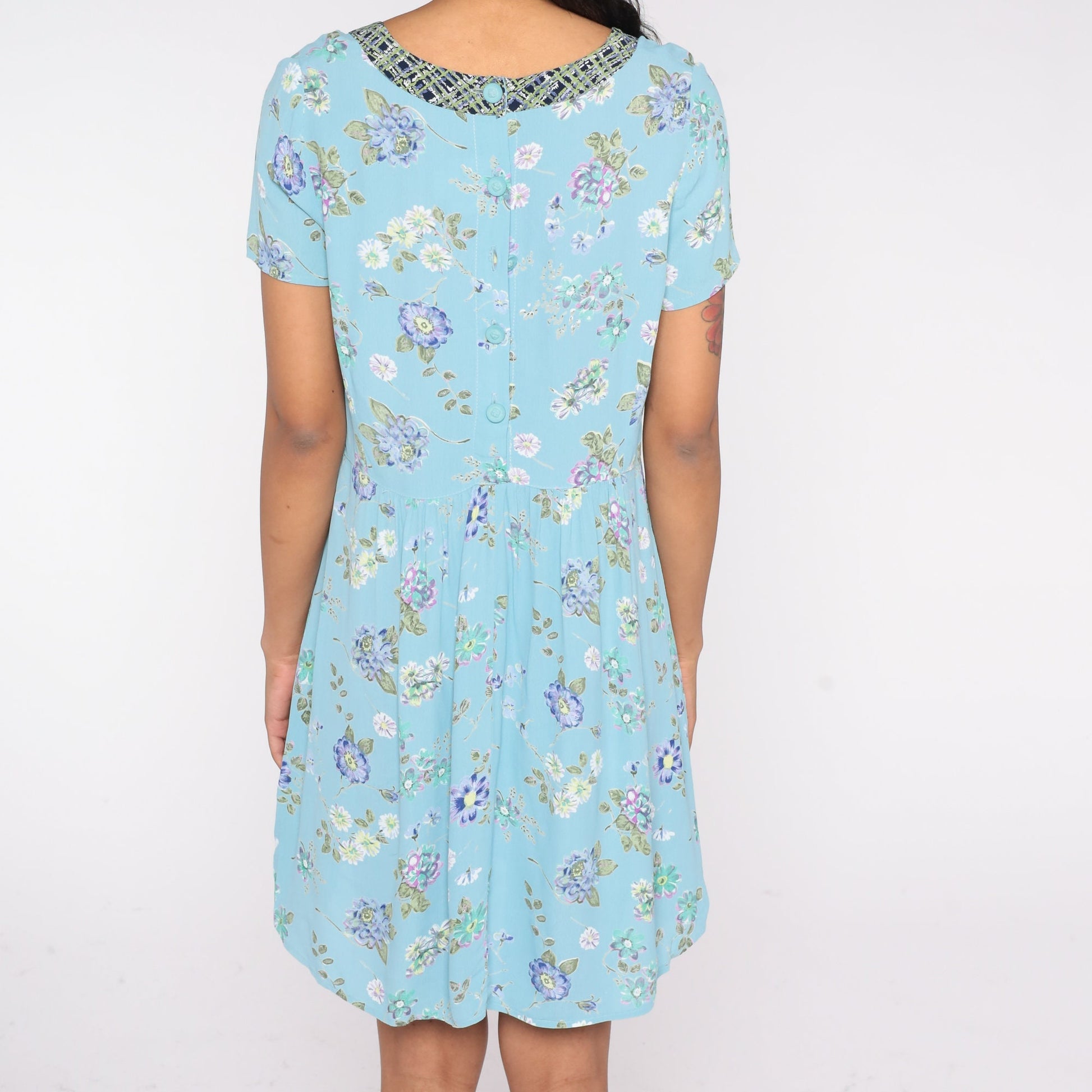90s Baby Blue Floral Mini Dress Square Neck Short Sleeve Small