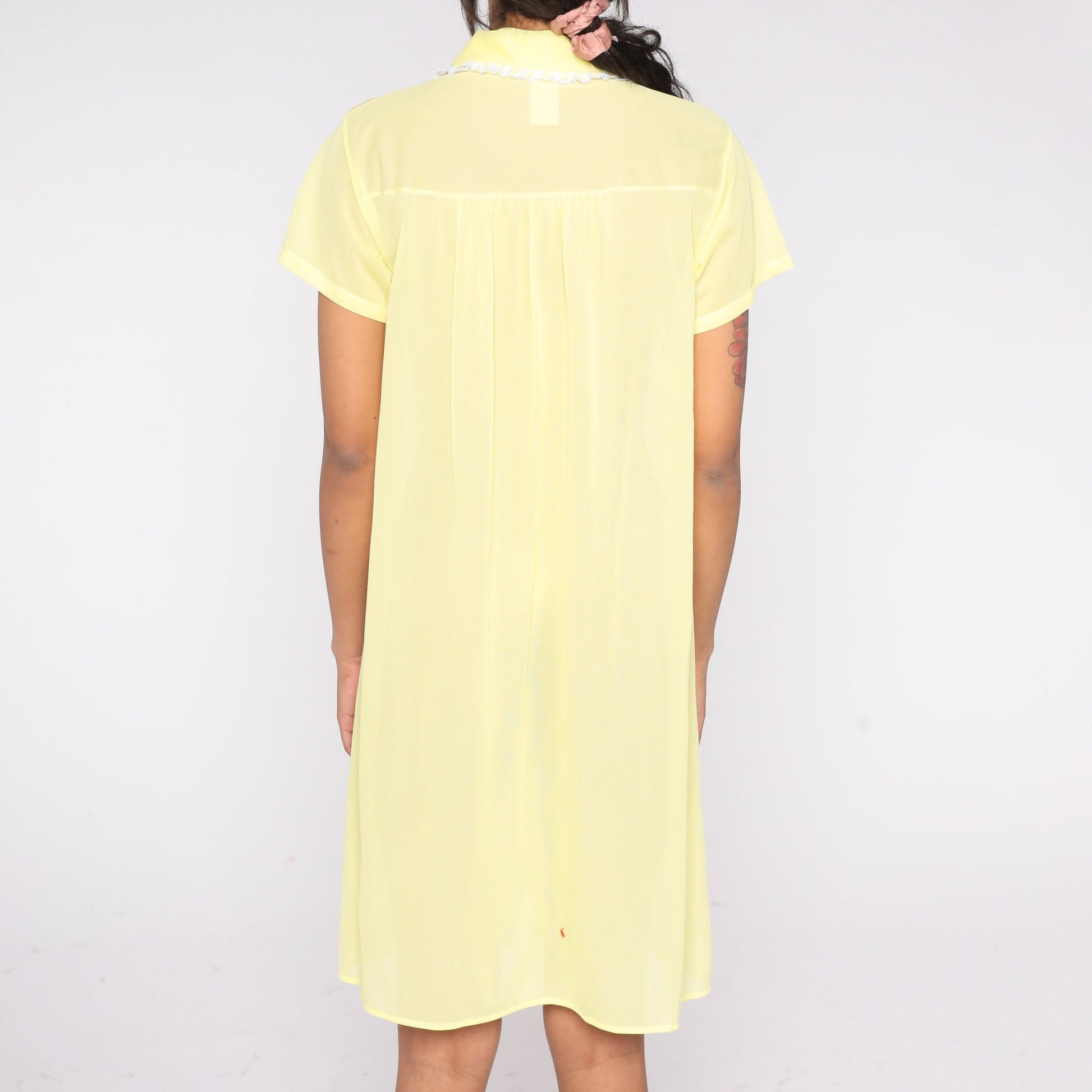 70s Yellow Semi Sheer Lounge Dress Floral Embroidery Mini Short Sleeve Medium