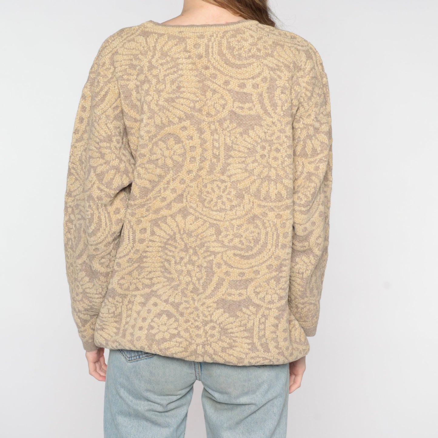 90s Tan Floral Wool Blend Sweater Italian Made Pullover Medium