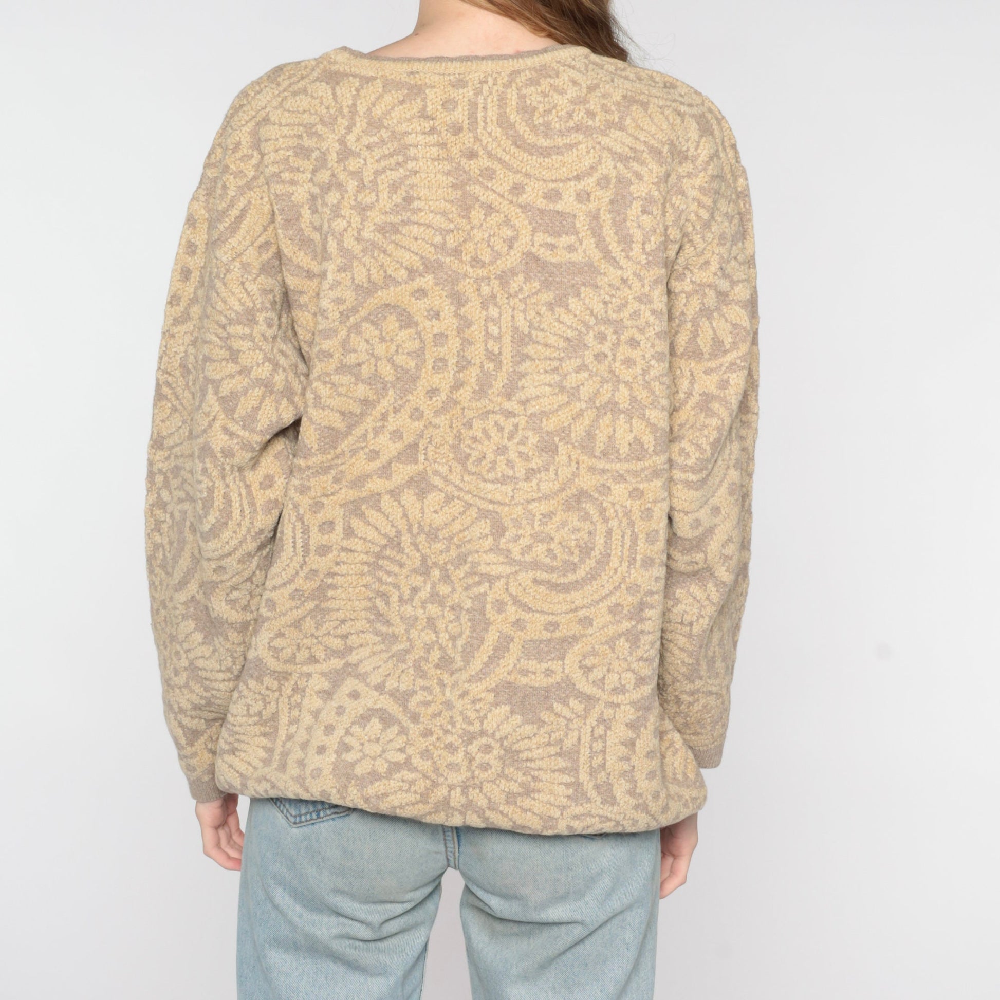 90s Tan Floral Wool Blend Sweater Italian Made Pullover Medium