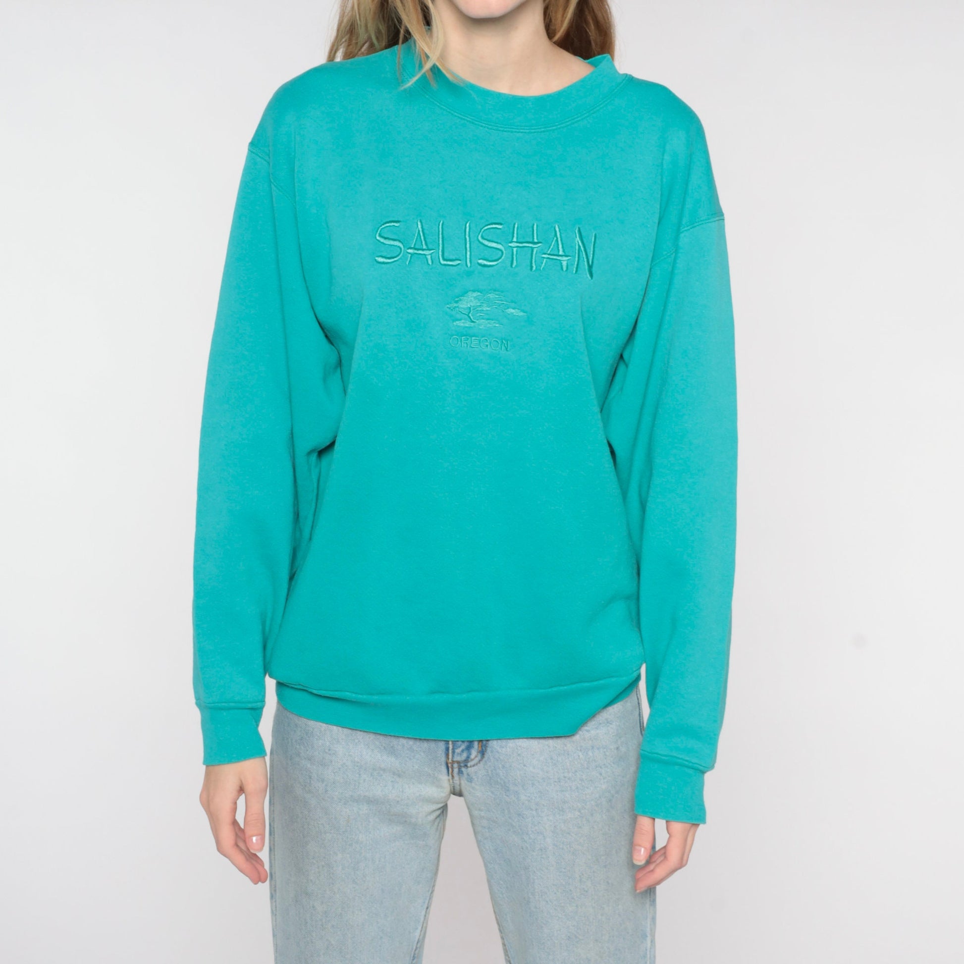90s Salishan Oregon Gleneden Beach Spa Resort Embroidered Sweatshirt Teal Cotton Medium Large