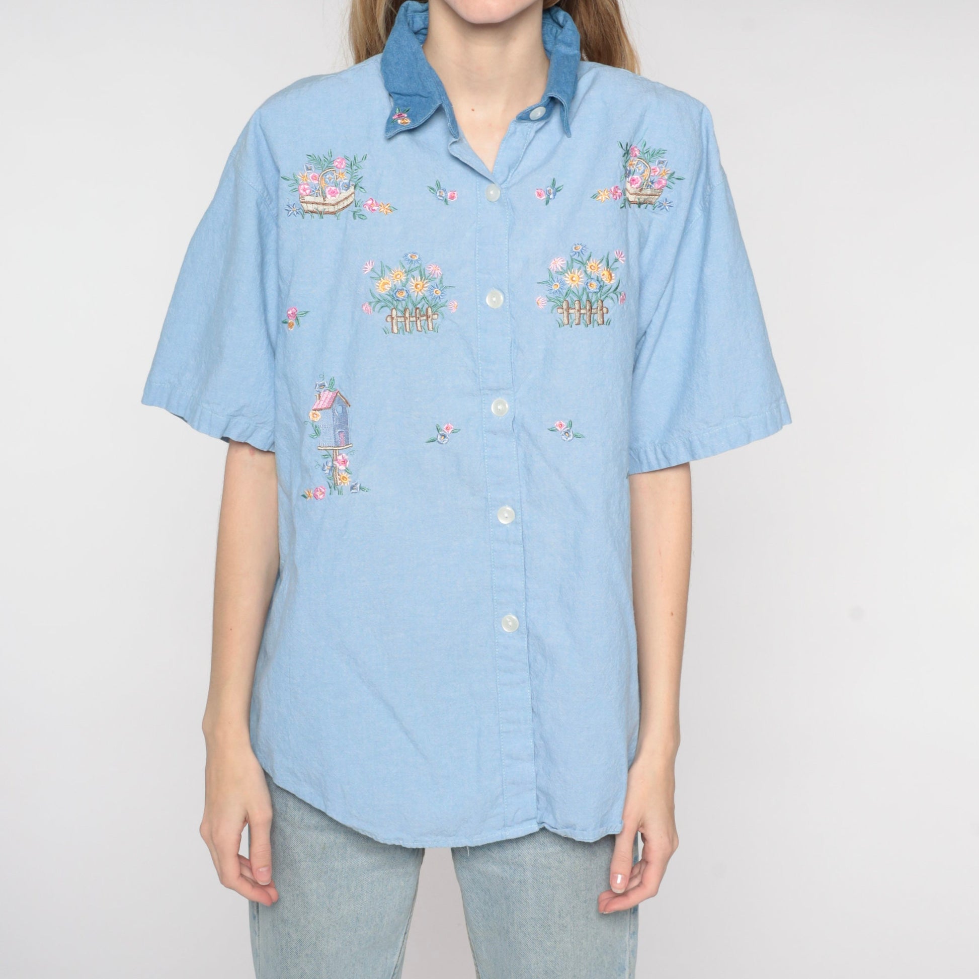 90s Blue Chambray Button Up Shirt Floral Birdhouse Embroidery Extra Large