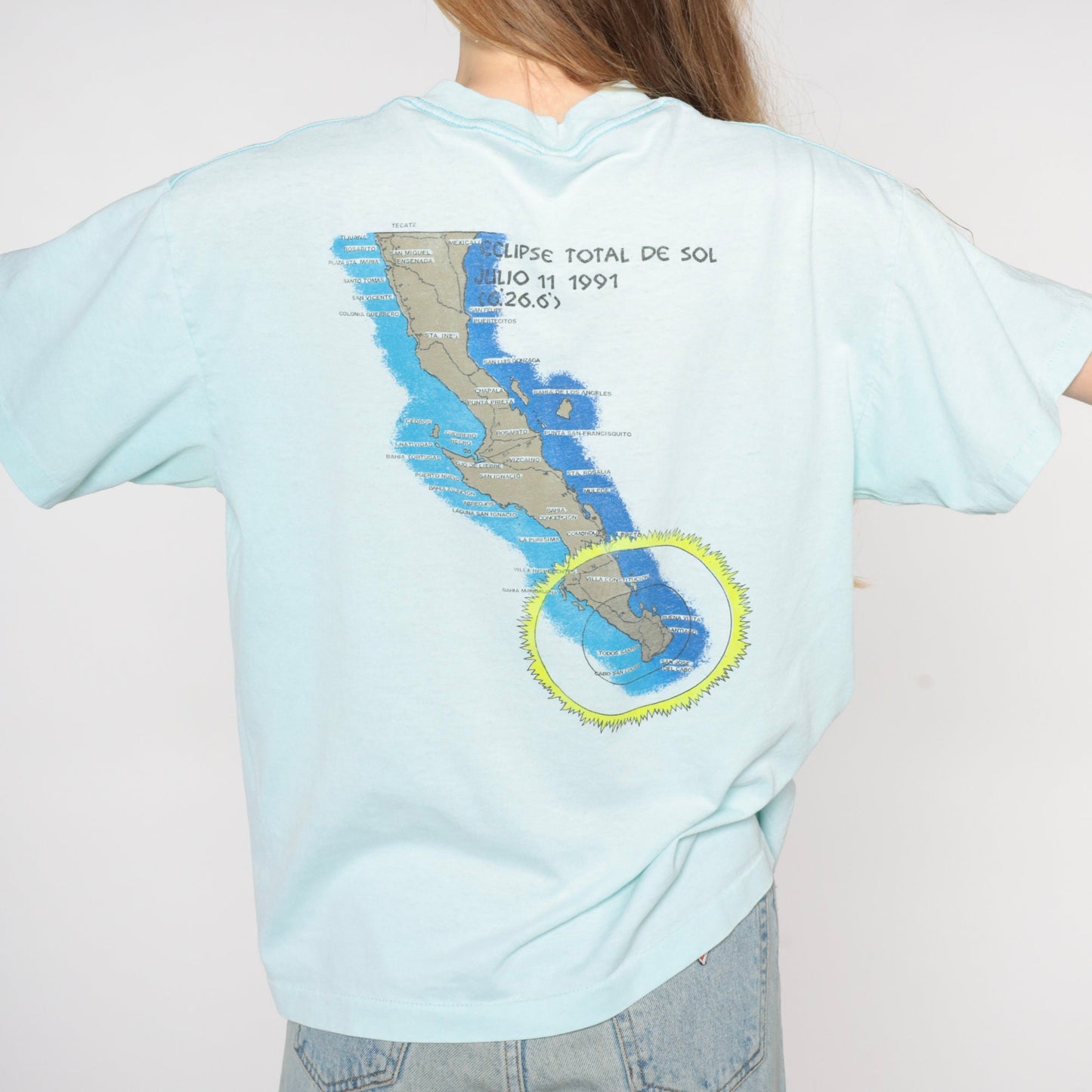 1991 Solar Eclipse Mulege Mexico T-Shirt Light Blue Graphic Tee Large L
