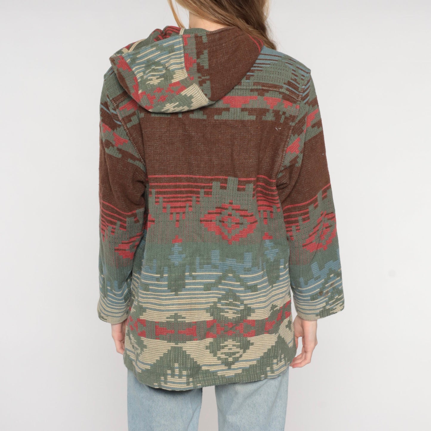 90s Woolrich Southwestern Wool Blend Hooded Jacket Brown Blue Medium