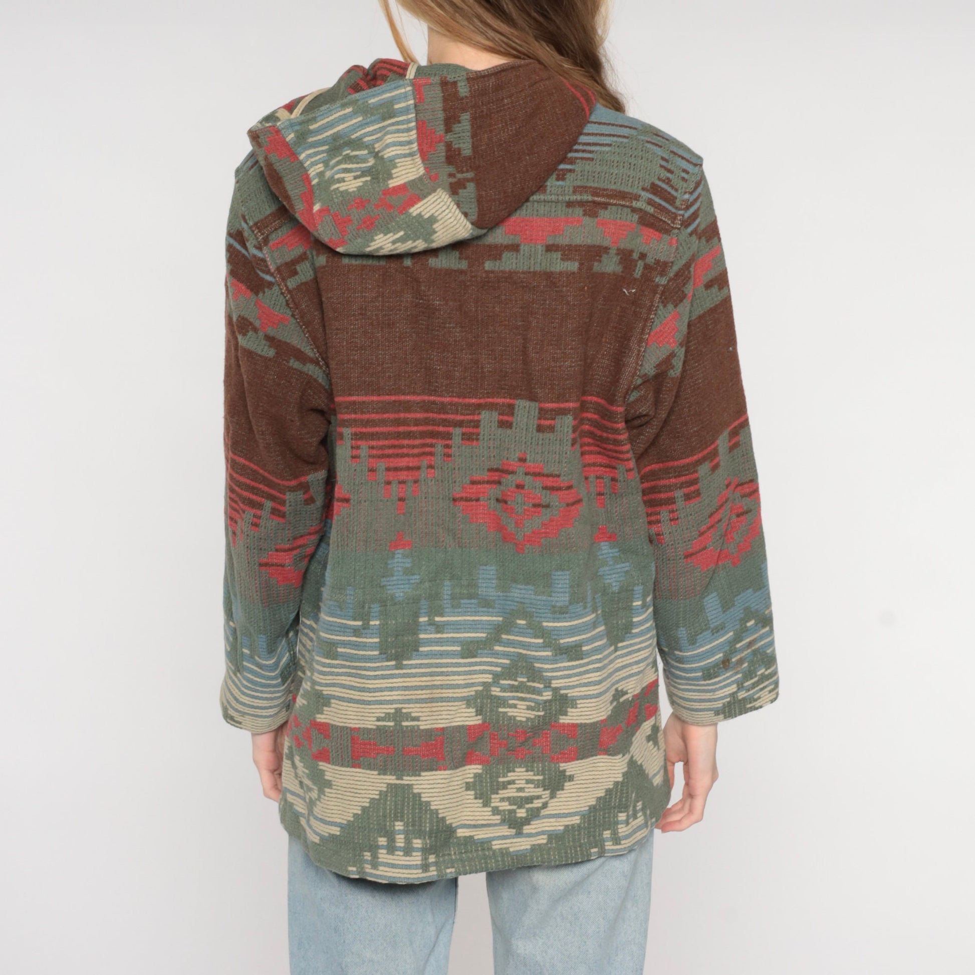 90s Woolrich Southwestern Wool Blend Hooded Jacket Brown Blue Medium