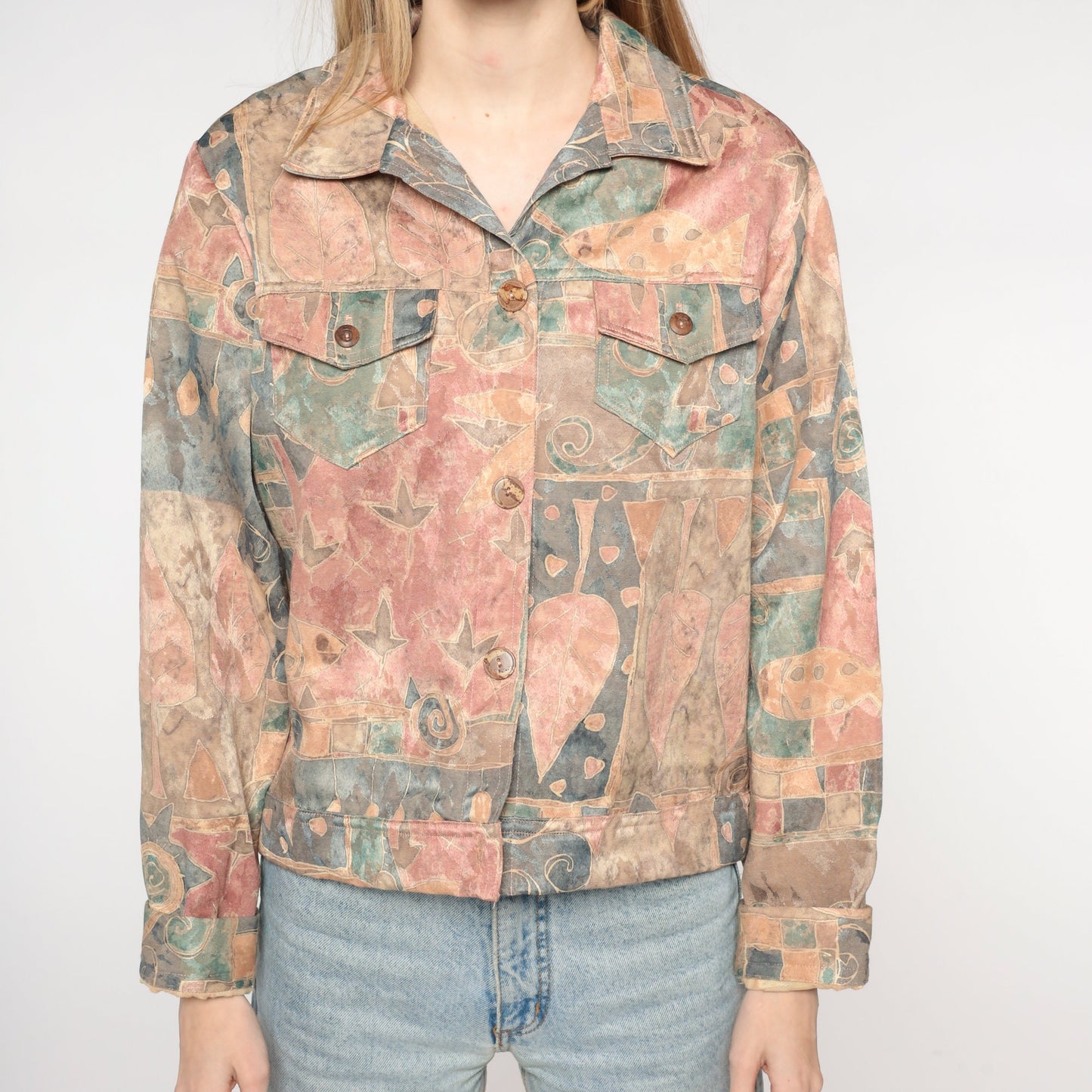90s Abstract Fish & Tree Jacket Cropped Button Up Geometric Print Large L