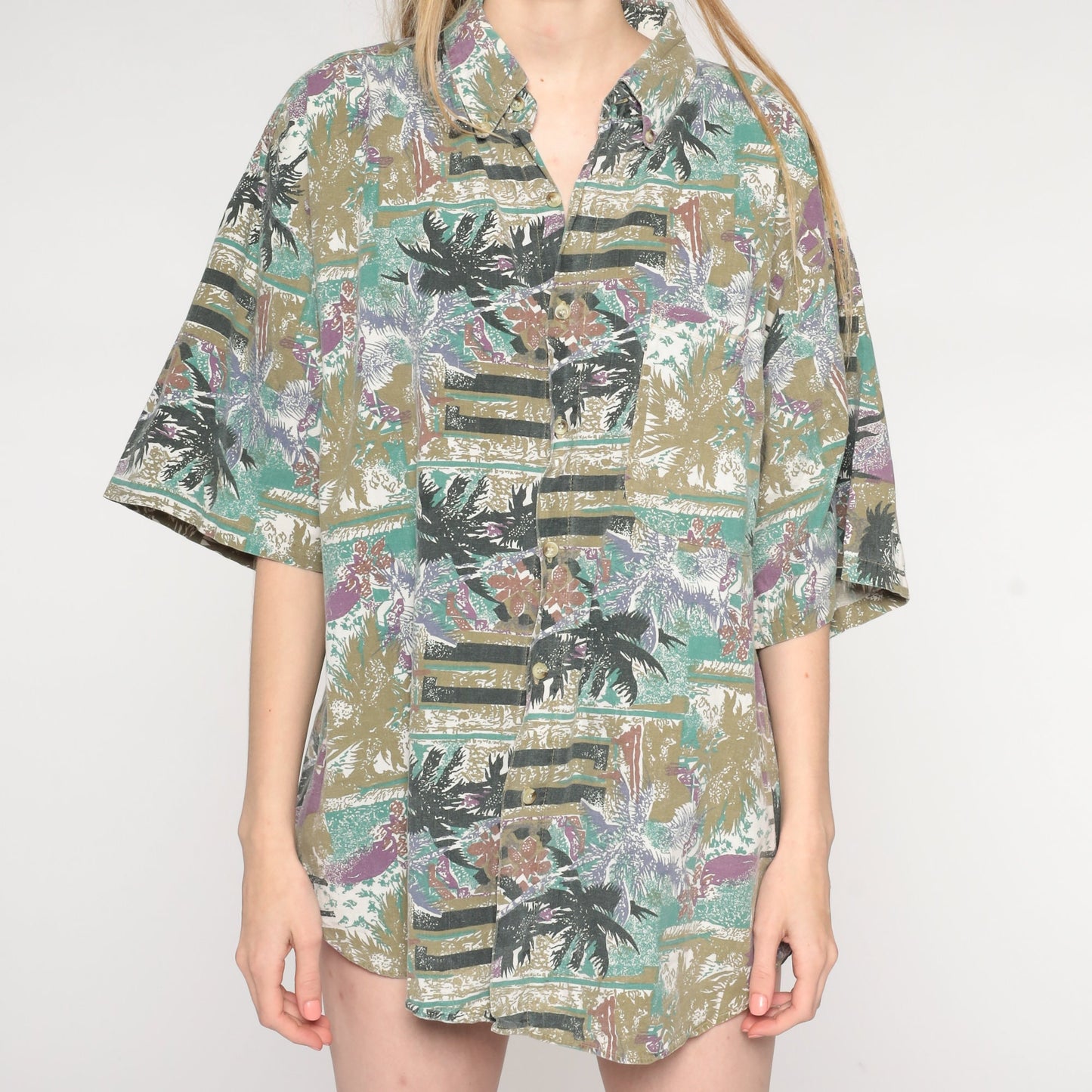 90s Tropical Palm Tree Button Up Shirt Olive Short Sleeve Extra Large