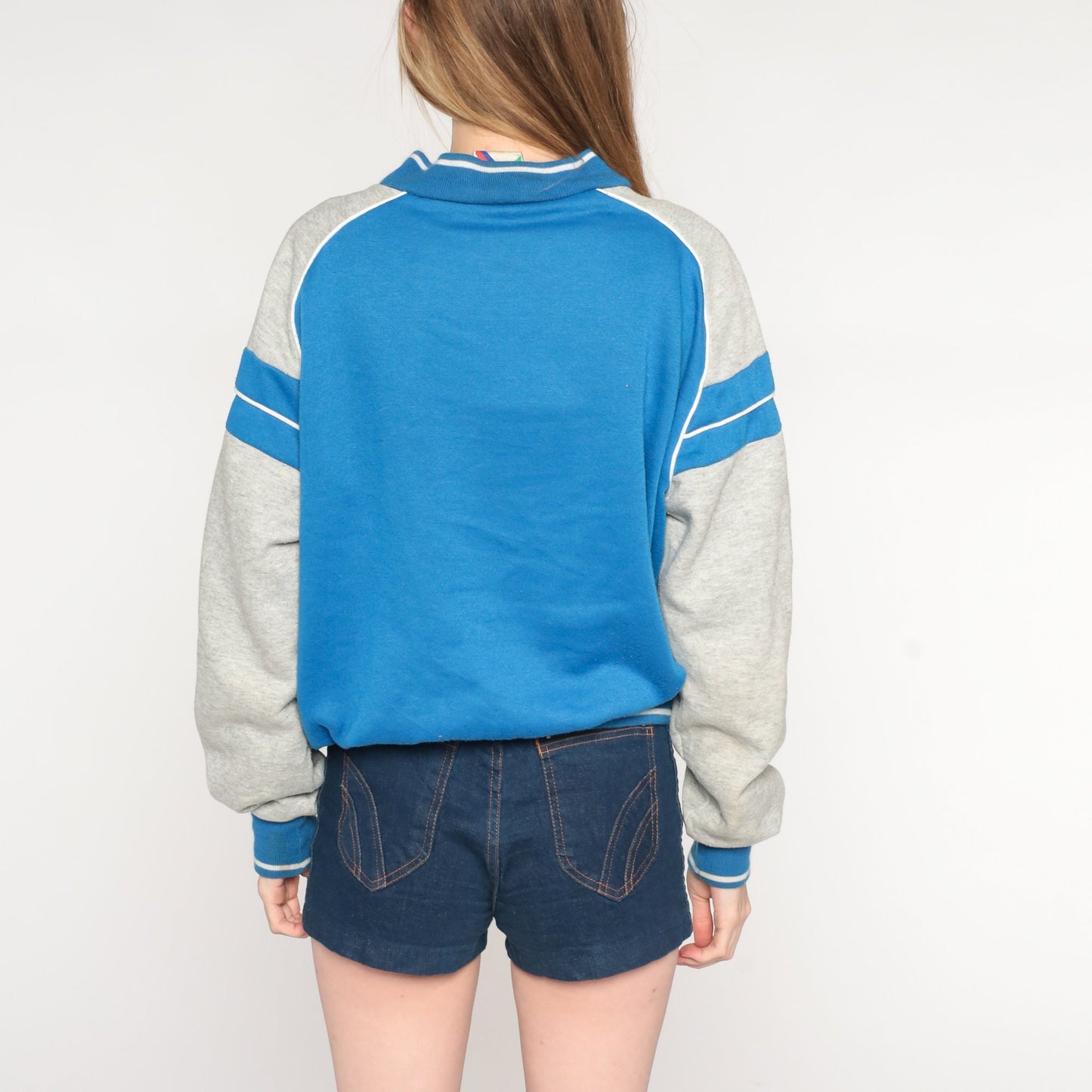 80s Blue Grey Striped Track Jacket Raglan Zip Warmup Medium