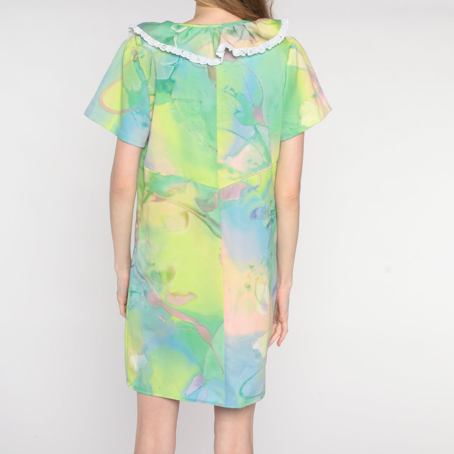 70s Psychedelic Watercolor Mini Dress Shift Ruffled Neckline Small