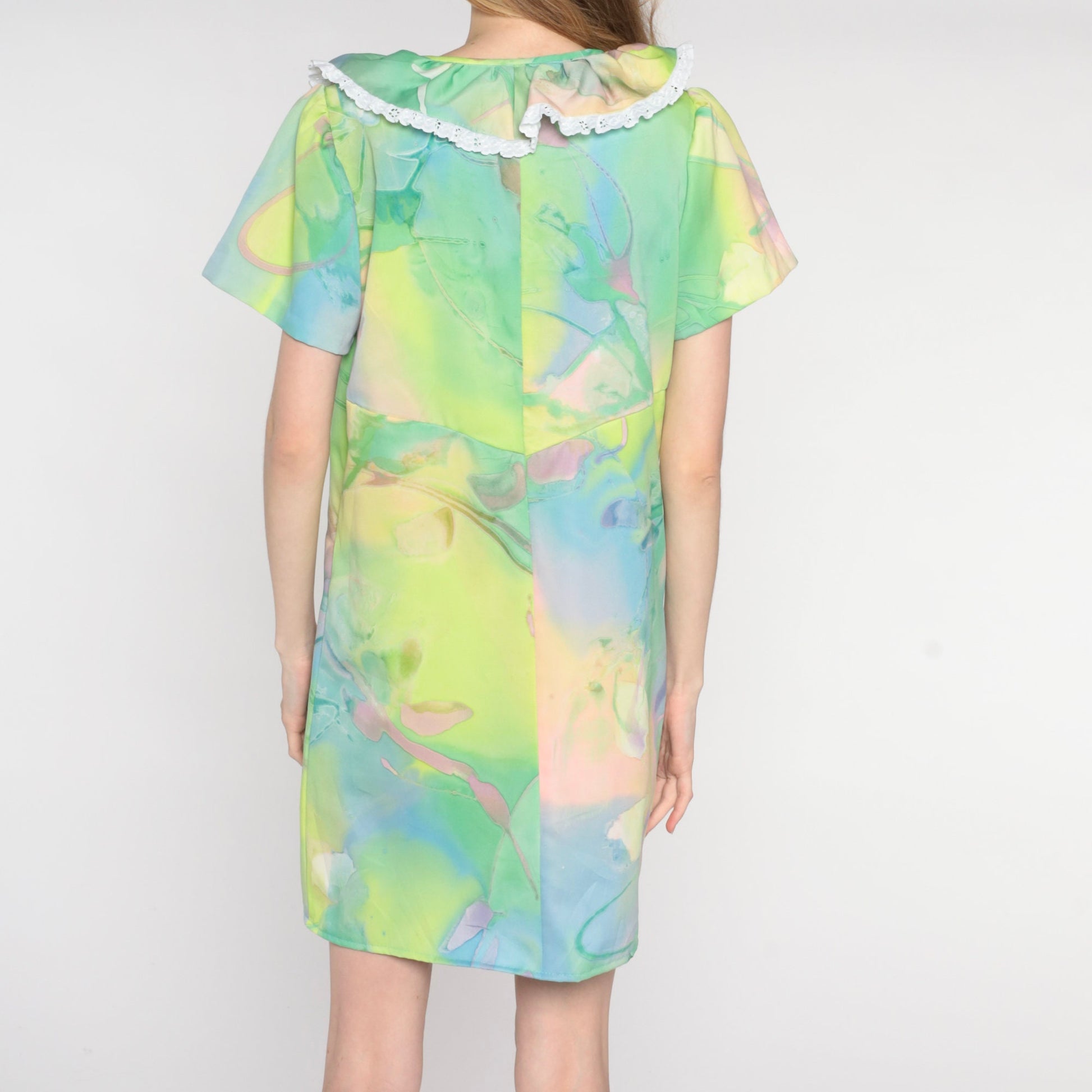 70s Psychedelic Watercolor Mini Dress Shift Ruffled Neckline Small
