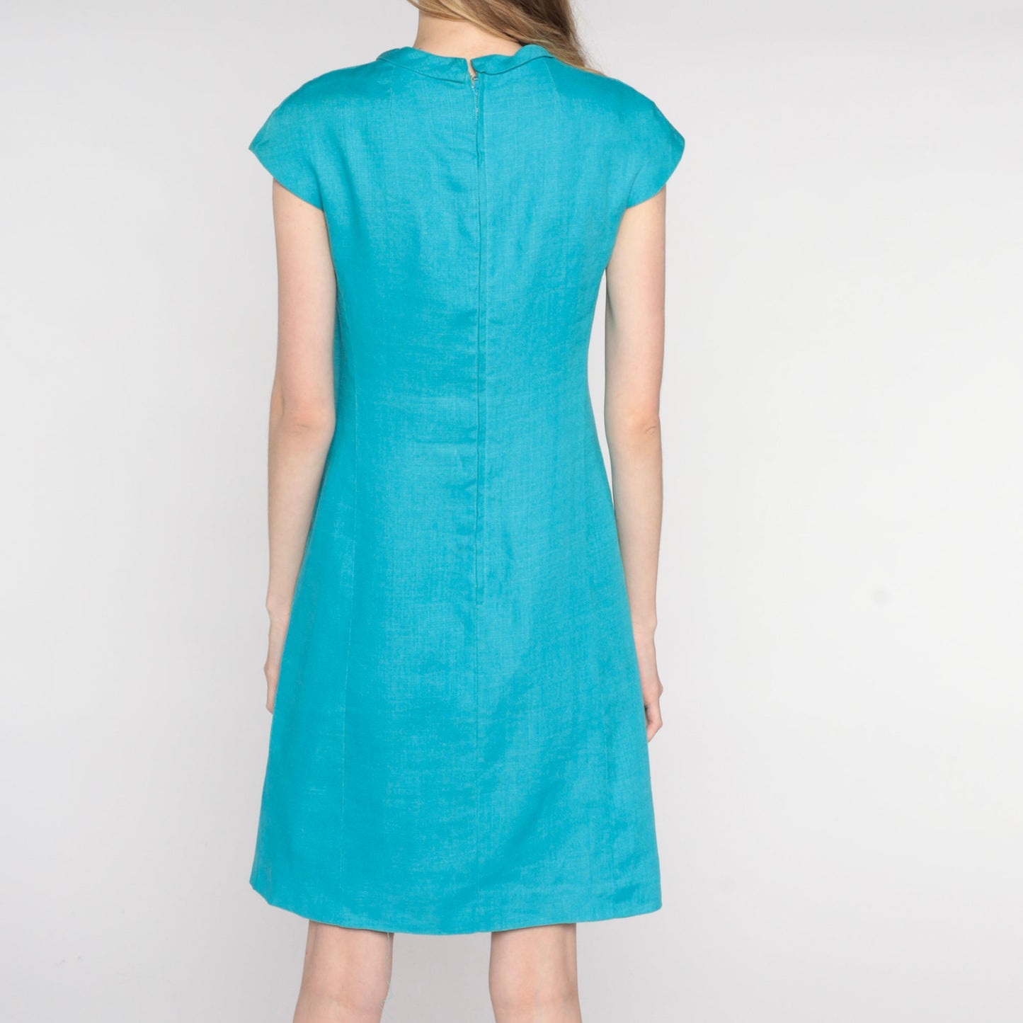 60s Blue Shift Dress Cap Sleeve Button Front Mini Small
