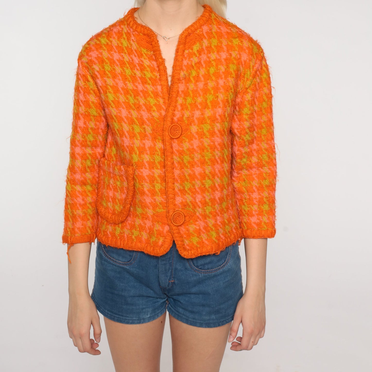 60s Orange Houndstooth Wool Blazer Three-Quarter Sleeve Jacket Extra Small