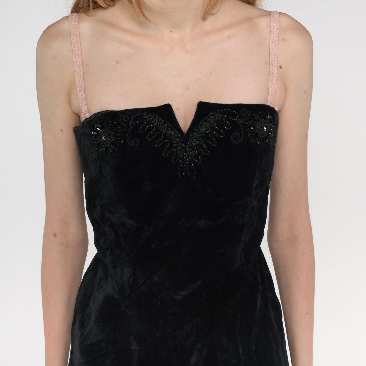 80s Black Velvet Strapless Mini Dress Beaded Embroidery Small