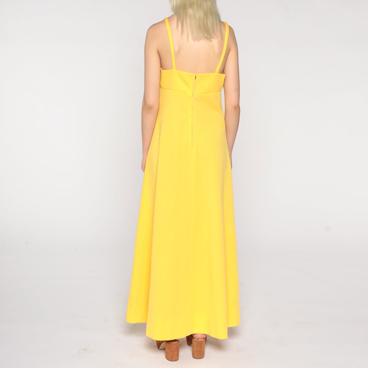 70s Yellow Maxi Dress Empire Waist Sleeveless A-Line Medium