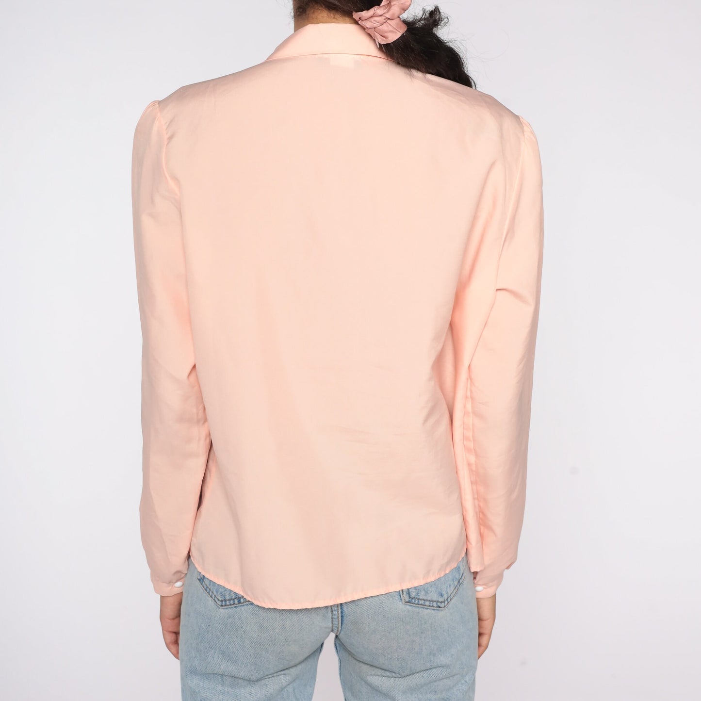 80s Peach Button-Up Blouse Collared Long Sleeve Shirt Extra Large XL