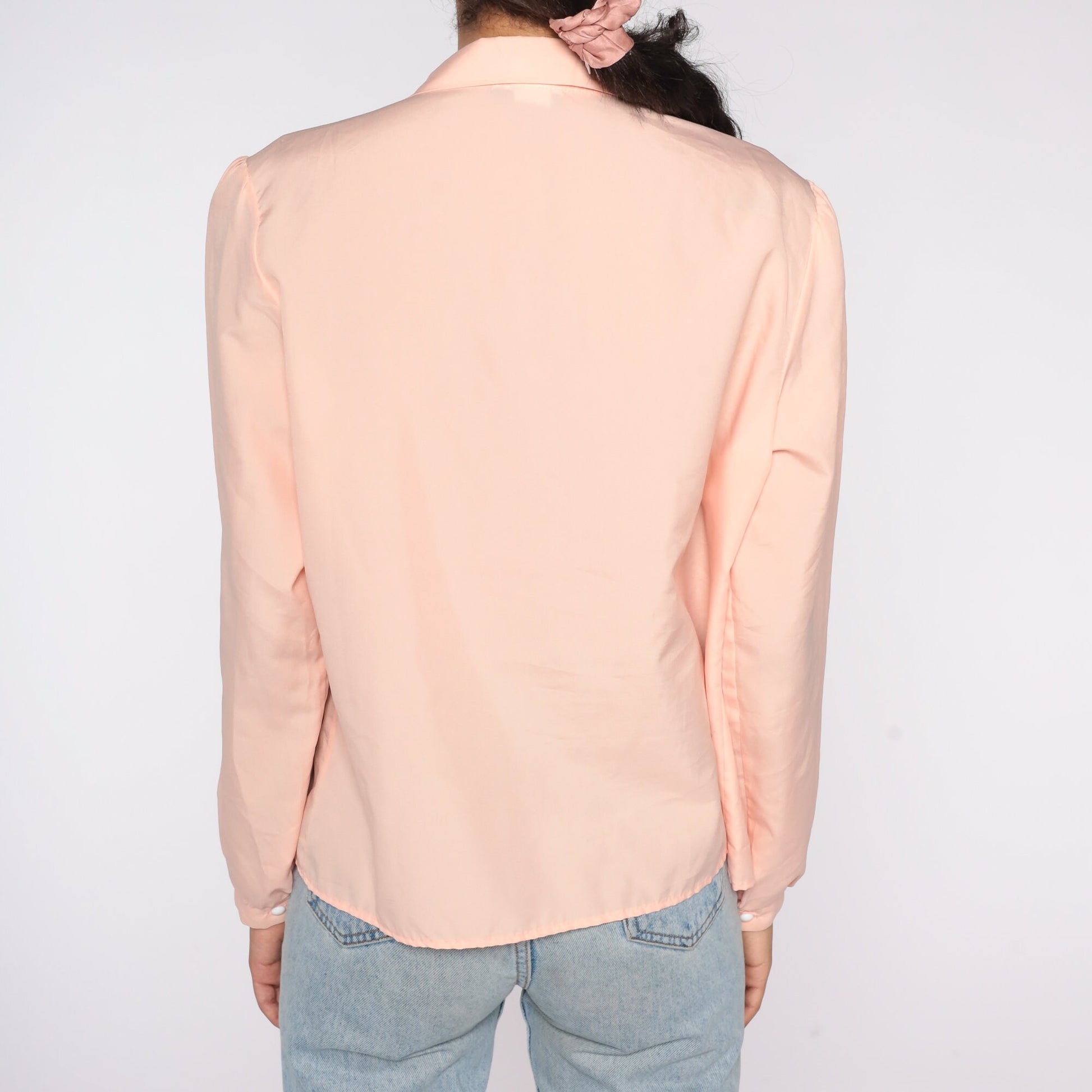 80s Peach Button-Up Blouse Collared Long Sleeve Shirt Extra Large XL