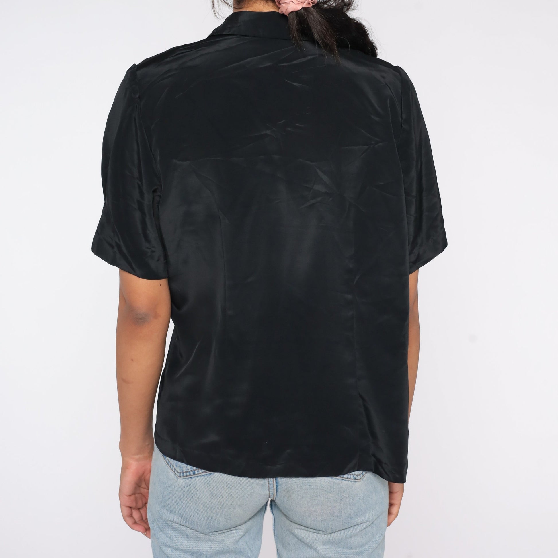 80s Black Wrap Blouse Double Breasted V Neck Short Sleeve Medium