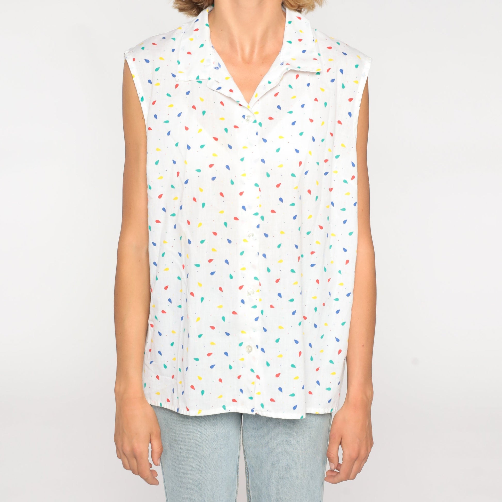 80s Confetti Print White Button-Up Sleeveless Blouse Collared Tank Large
