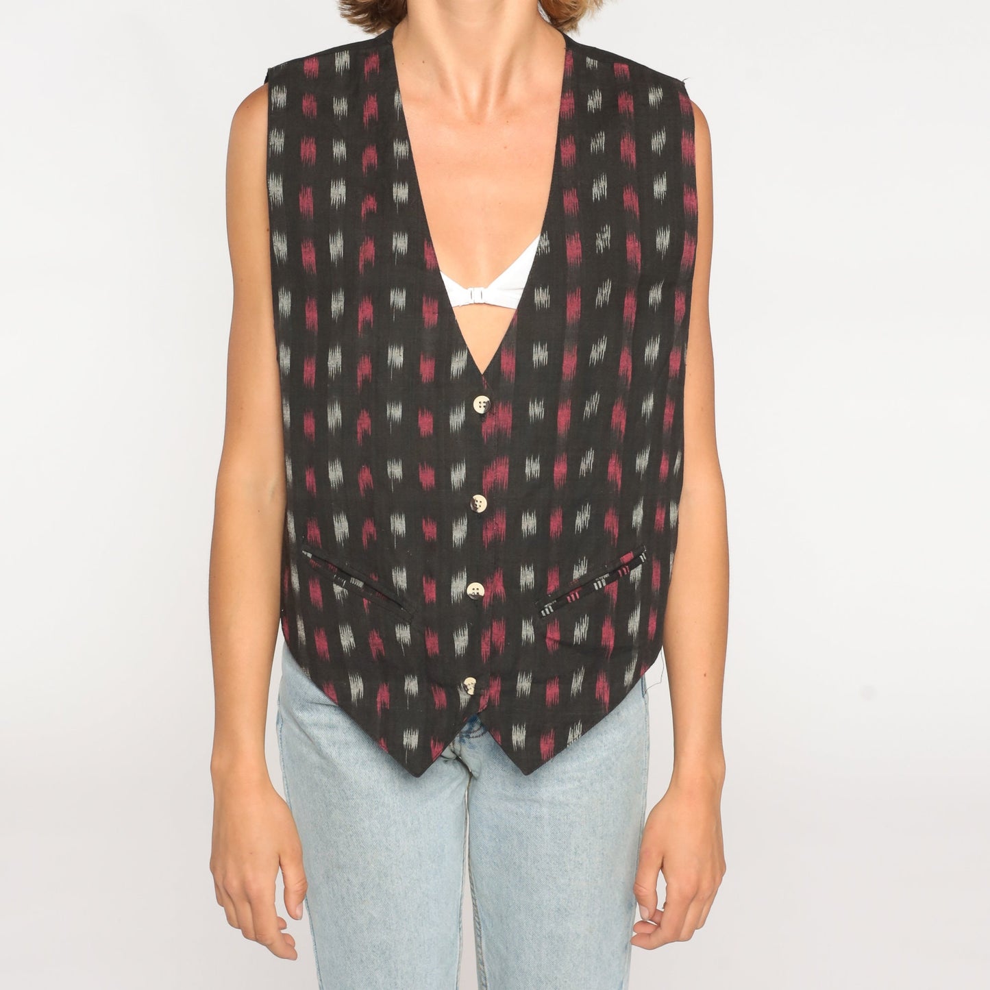 90s Black Ikat Print Button-Up Vest Cotton Sleeveless Medium