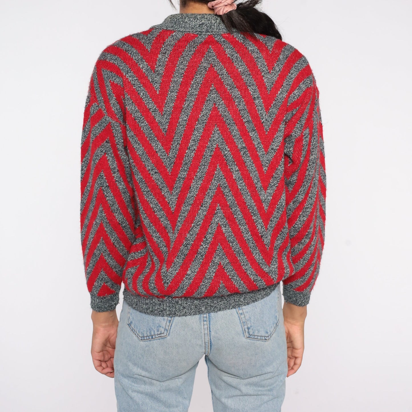 80s Chevron Striped Collared Sweater Red Grey Knit Pullover Small