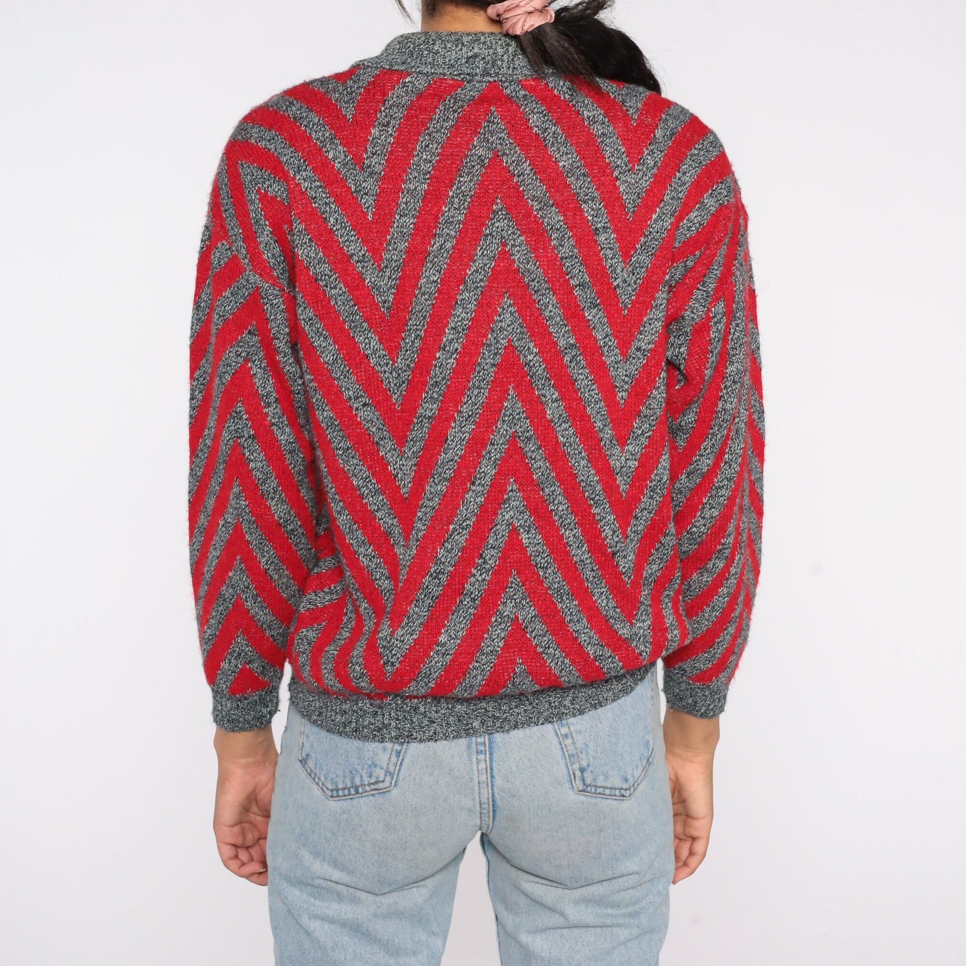 80s Chevron Striped Collared Sweater Red Grey Knit Pullover Small