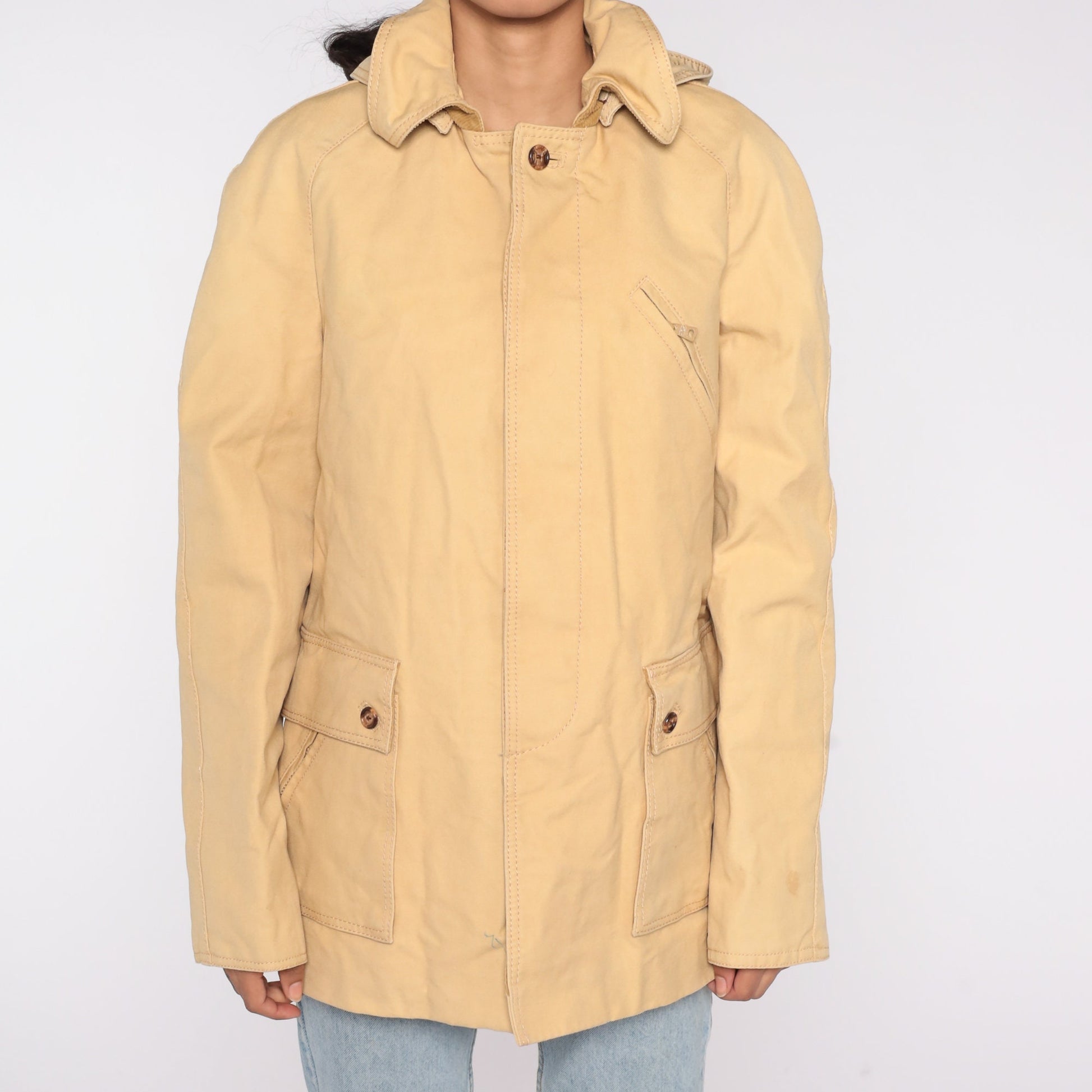 70s Tan Hooded Winter Jacket Removable Corduroy Hood Lined Parka Large