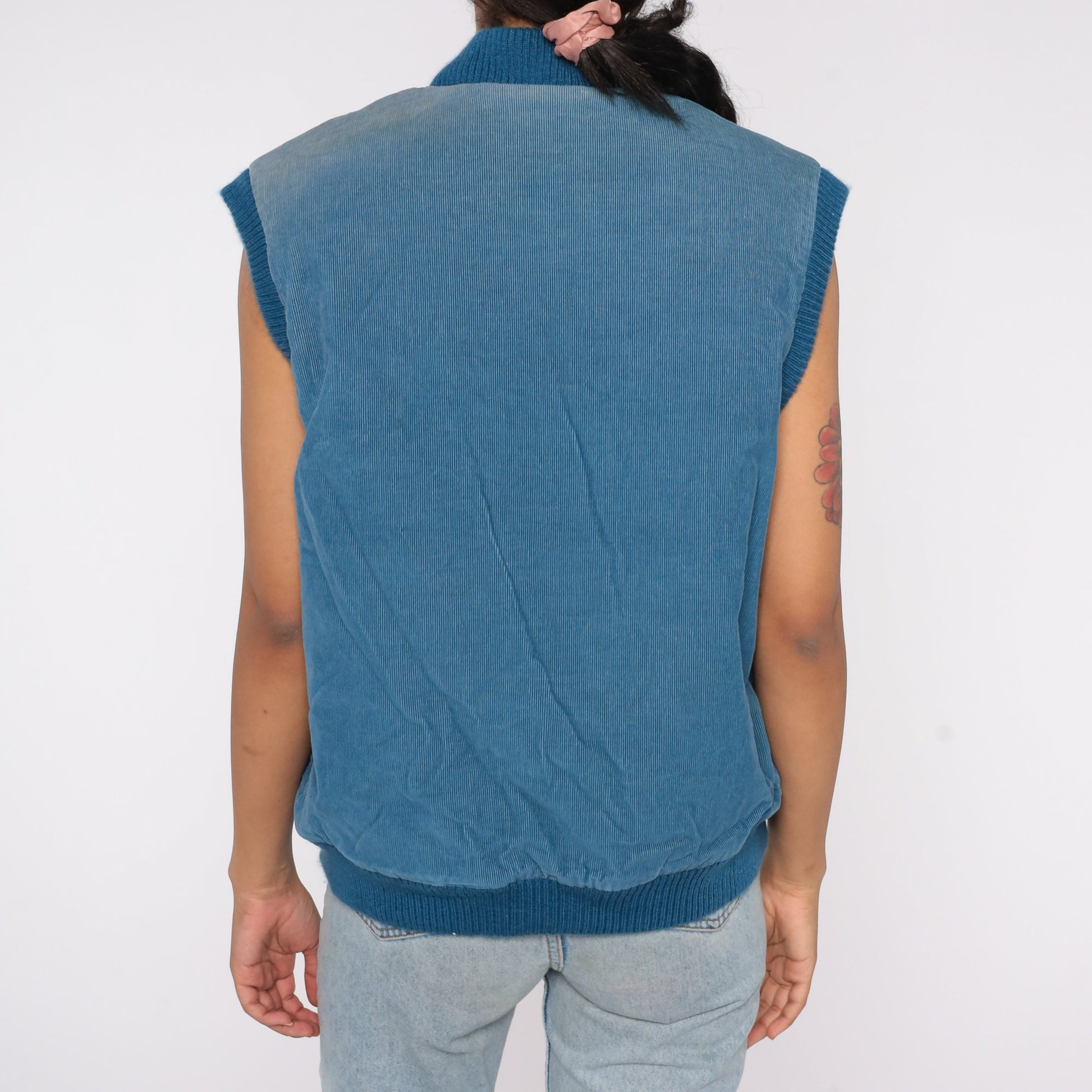 80s Blue Corduroy Puffer Vest Insulated Zip Sleeveless Large