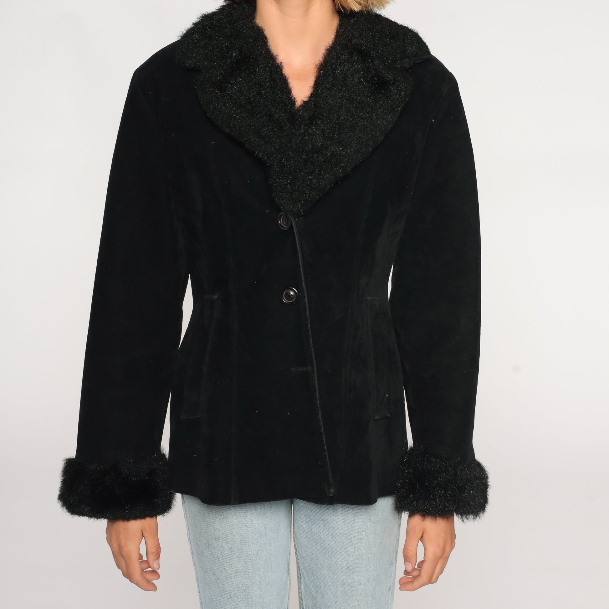 90s Black Faux Suede Jacket Faux Fur Trim Button Up Small