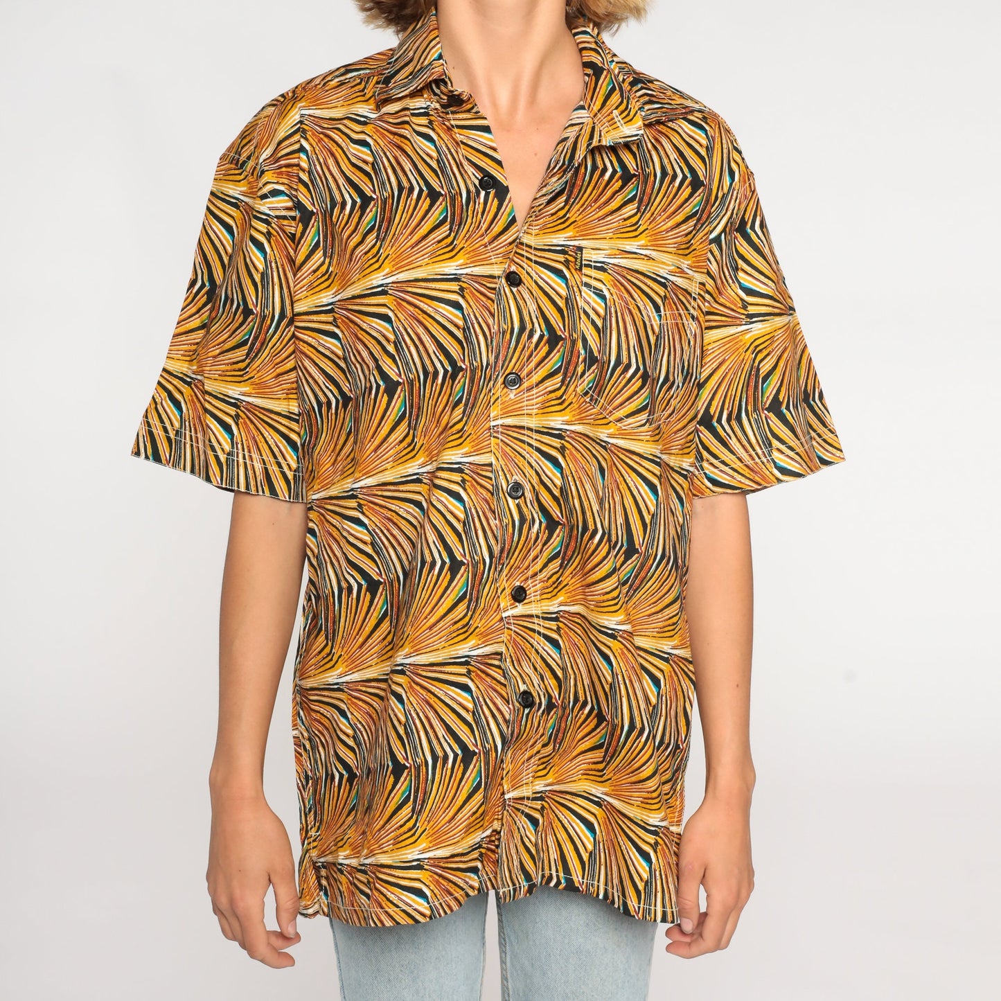 80s Abstract Op Art Button-Up Shirt Yellow Psychedelic Print Cotton Large