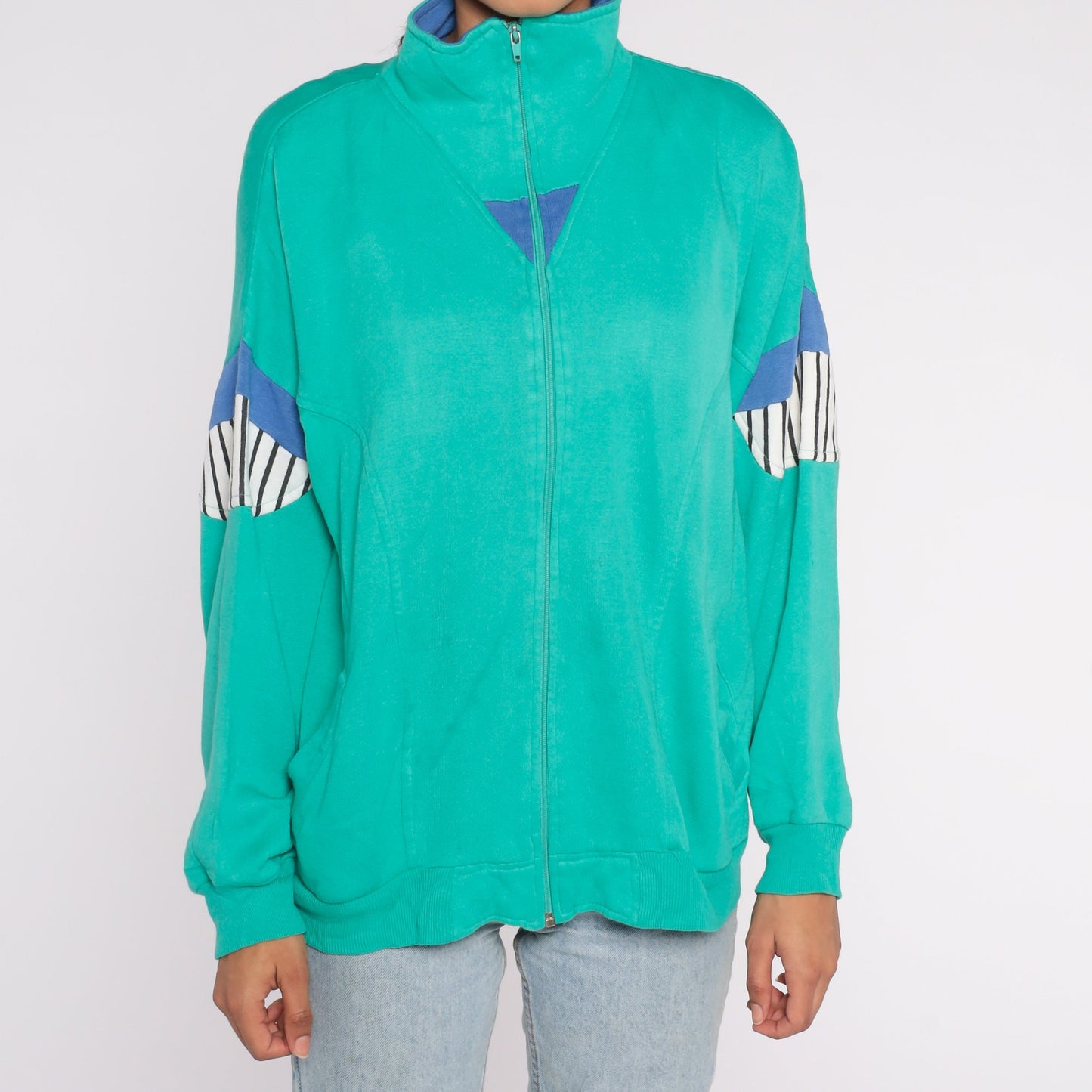 80s Green Striped Track Jacket Zip-Up Sweatshirt Large
