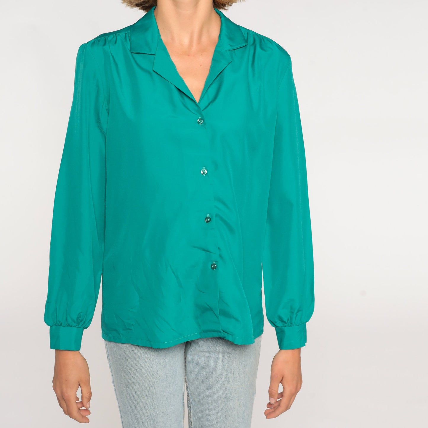 80s Green Button-Up Blouse Long Sleeve Collared Shirt Medium