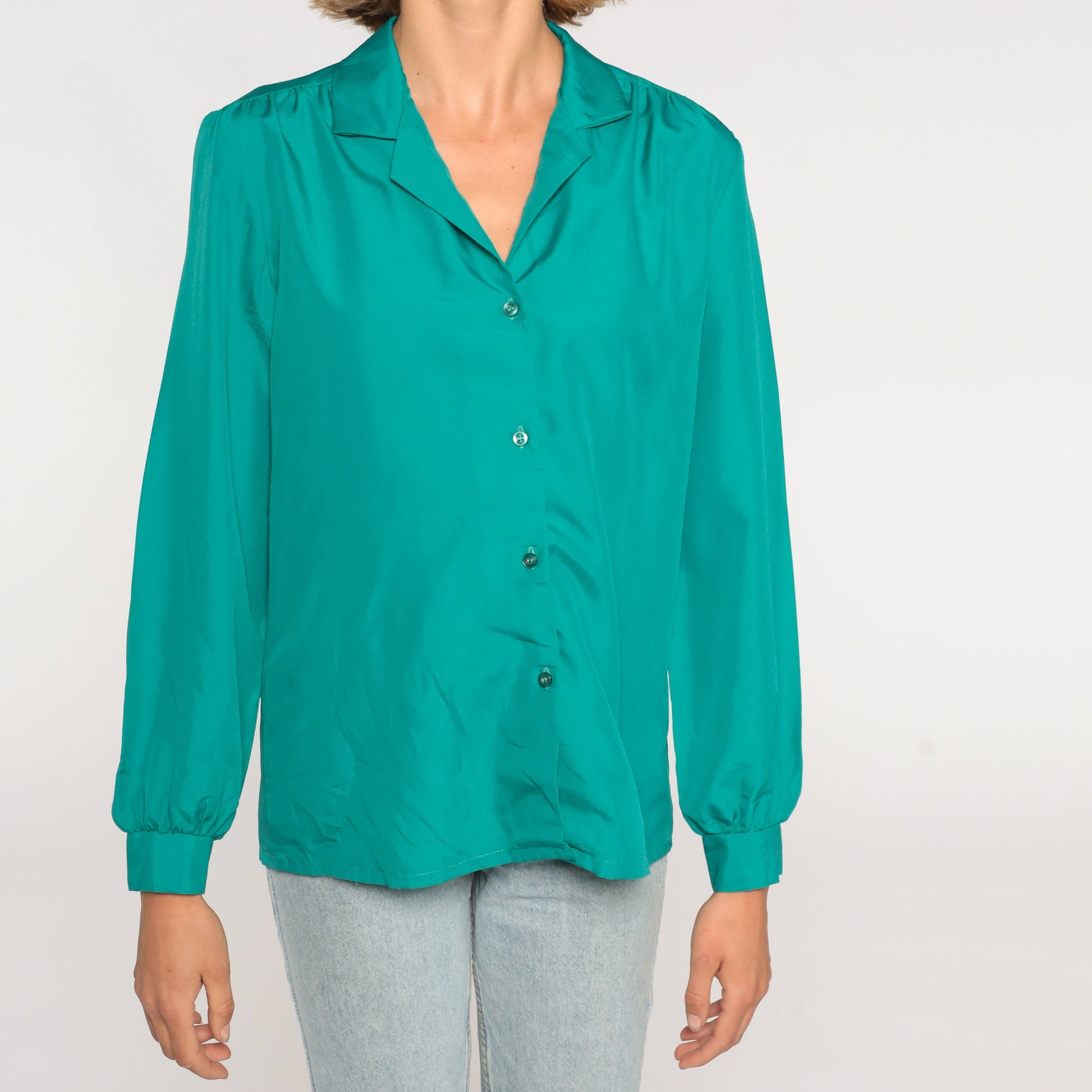 80s Green Button-Up Blouse Long Sleeve Collared Shirt Medium
