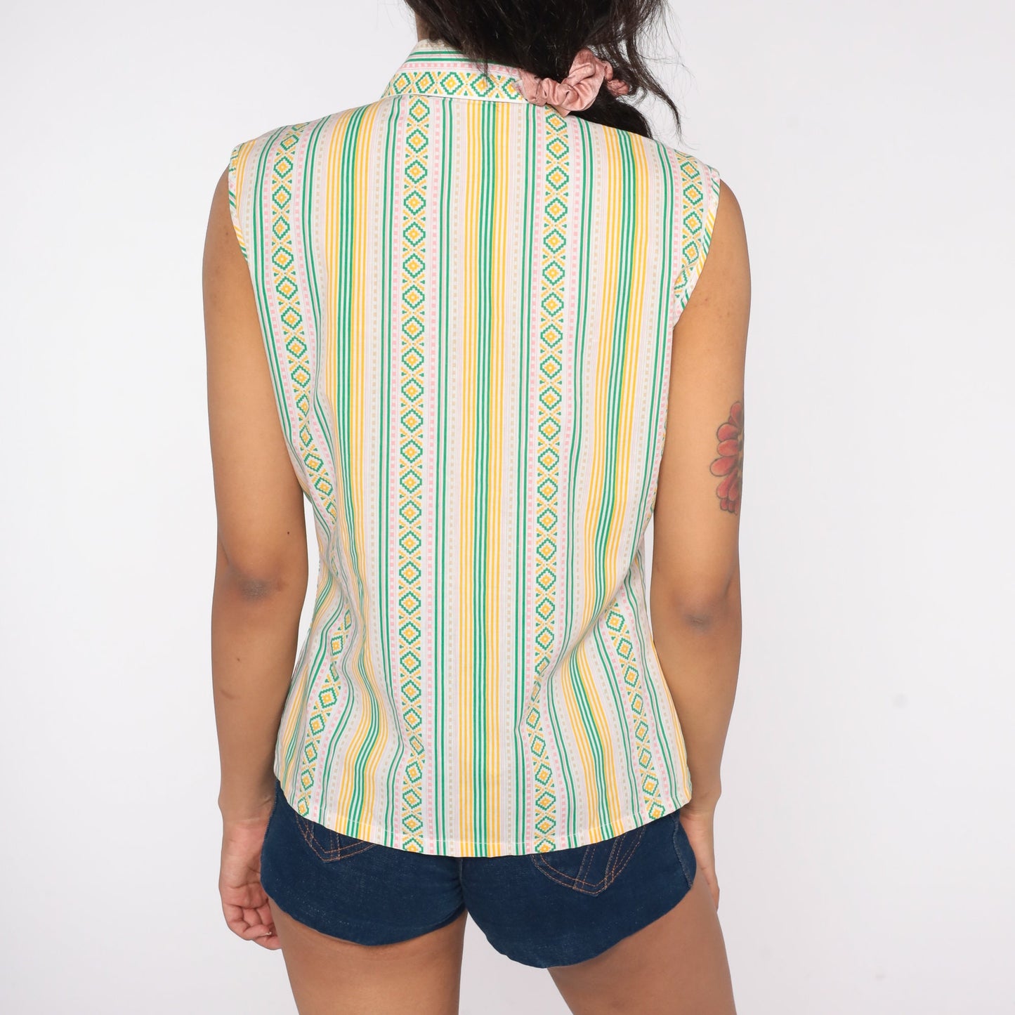 70s Aztec Stripe Sleeveless Blouse Green Yellow Button Front Small Medium