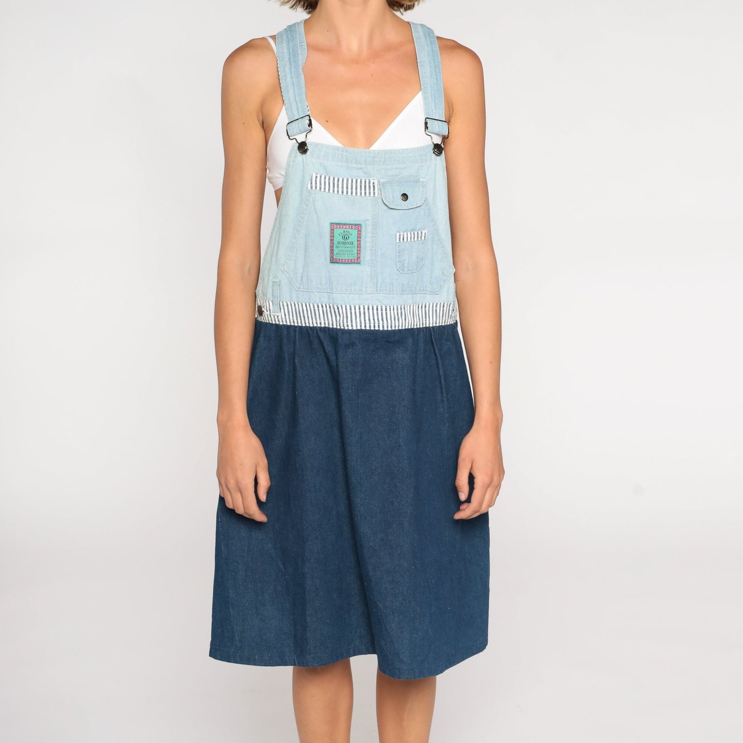 90s Gitano Two-Tone Denim Overall Dress Knee Length Striped Medium M