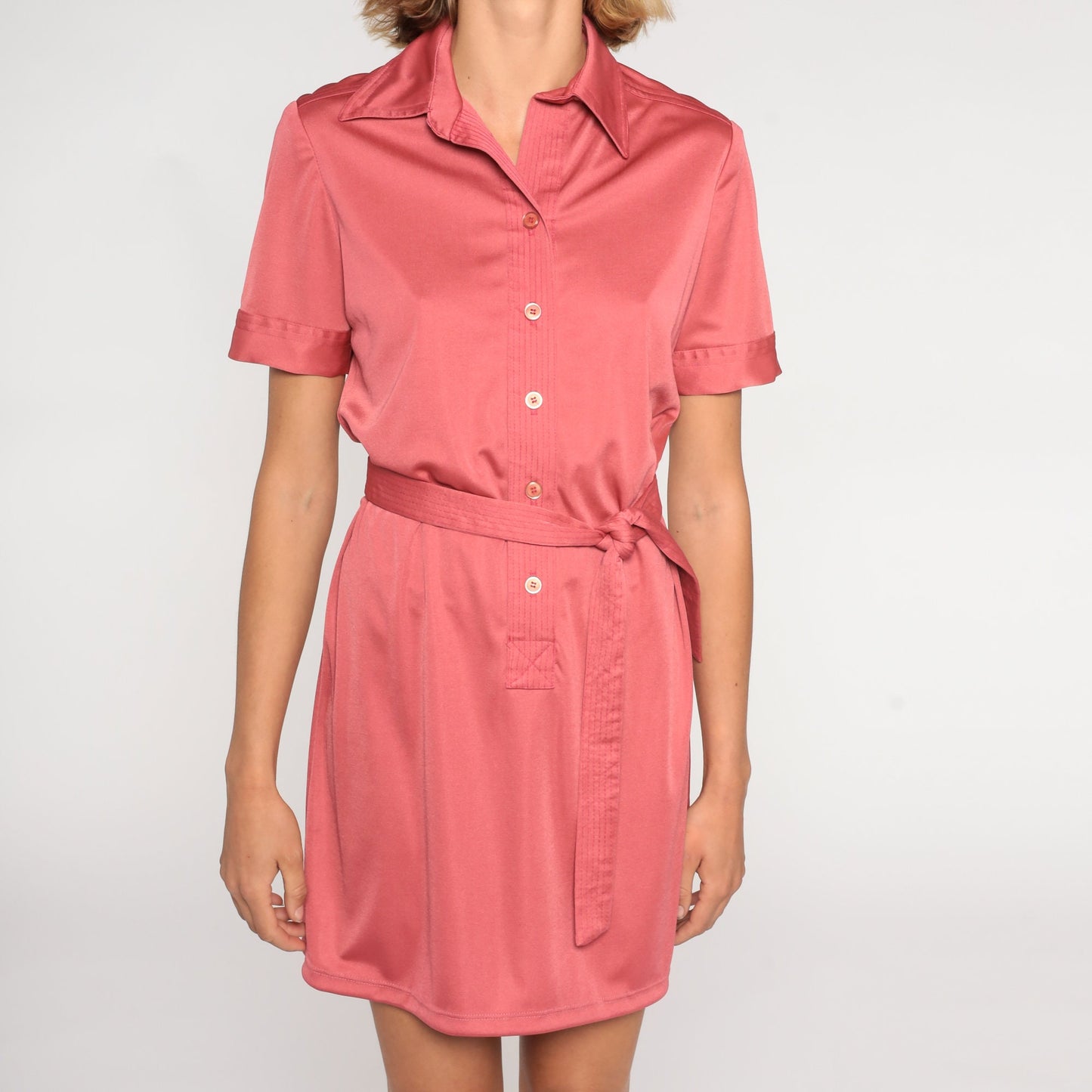 70s Pink Mini Shirtwaist Dress Button-Up Shift Collar Tie Belt Medium
