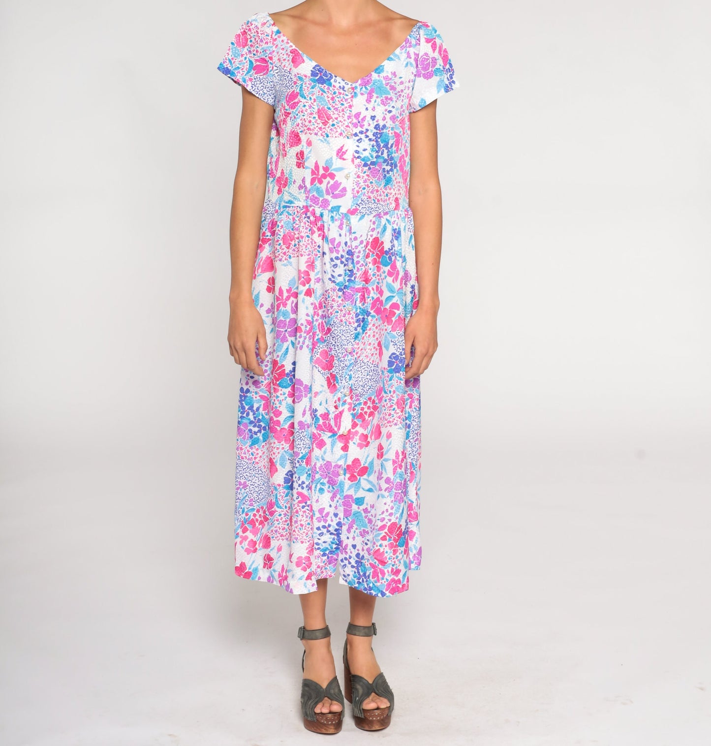 80s Floral Midi Dress Pink Blue Purple Button-Up V-Neck Medium