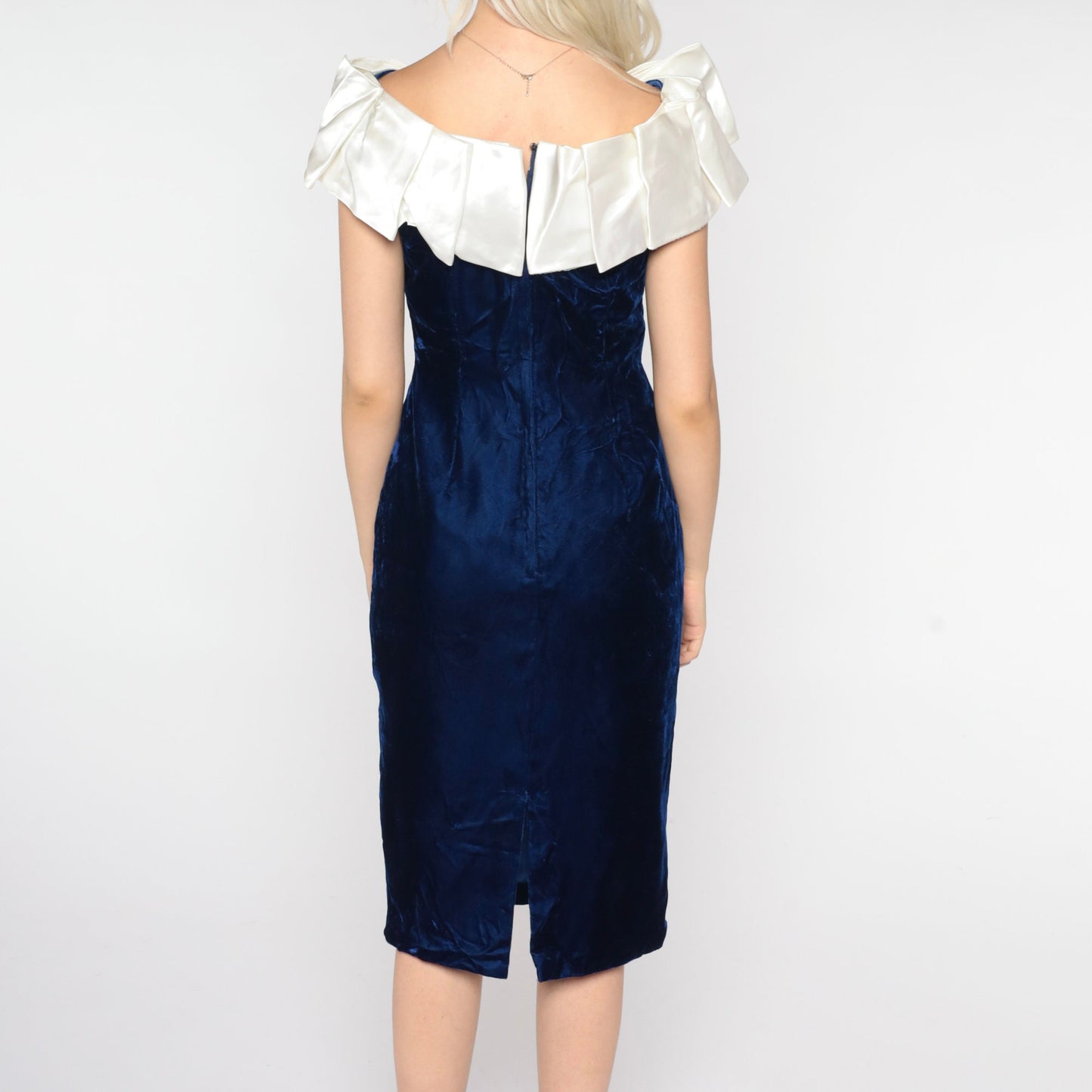80s Blue Velvet Midi Dress Off-Shoulder Bow Pencil Small S