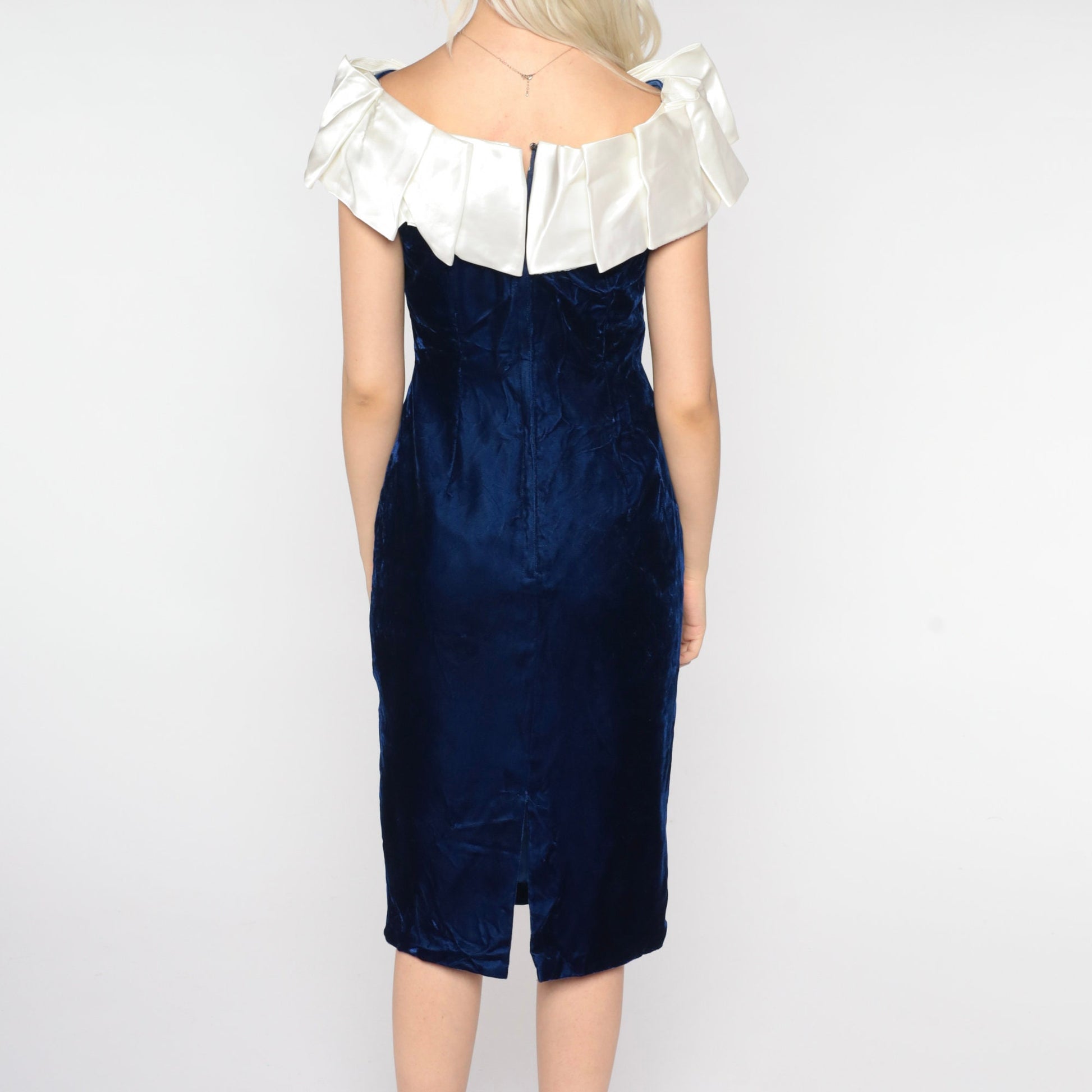 80s Blue Velvet Midi Dress Off-Shoulder Bow Pencil Small S