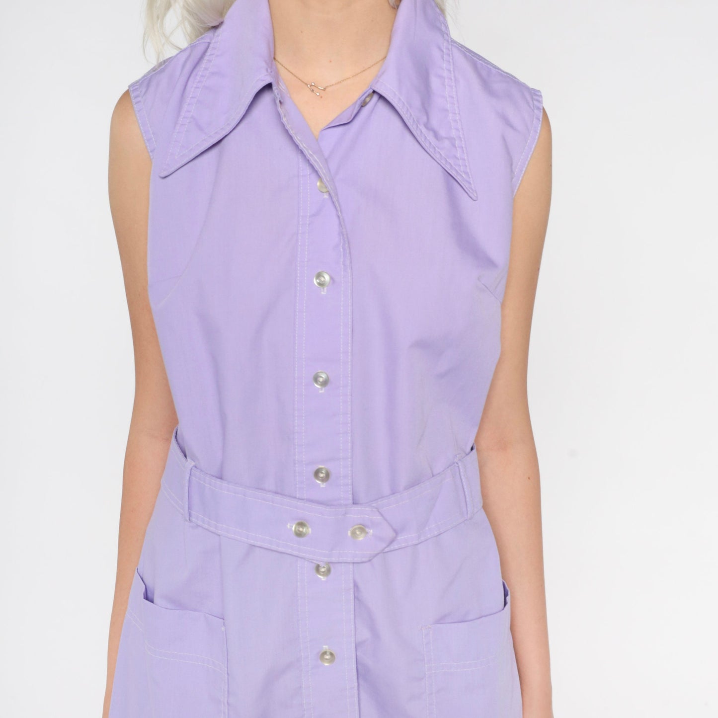 70s Lavender Button-Up Shirtdress Dagger Collar Sleeveless Mini Shift Medium