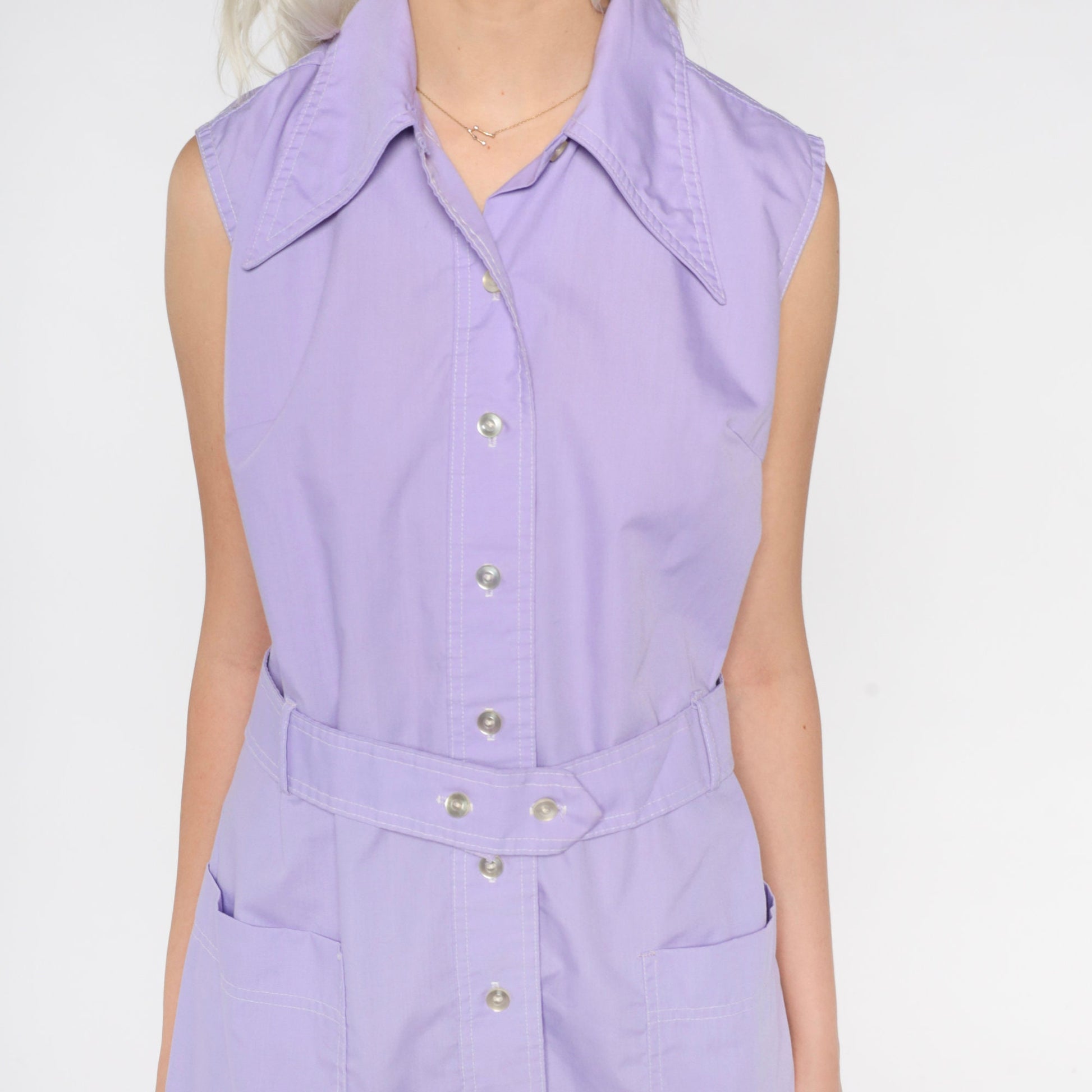 70s Lavender Button-Up Shirtdress Dagger Collar Sleeveless Mini Shift Medium