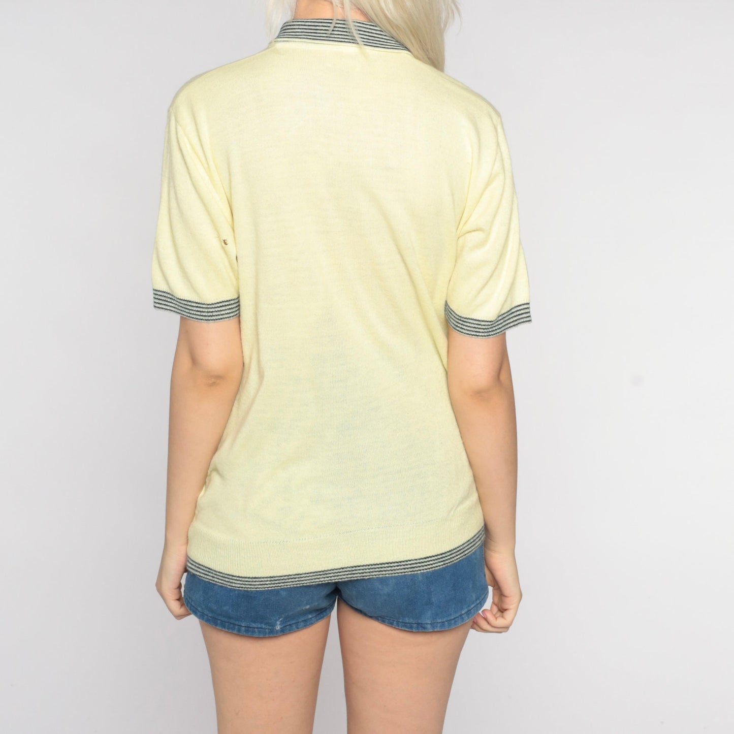 80s Yellow Knit Polo Shirt Striped Collar Ringer Trim Medium