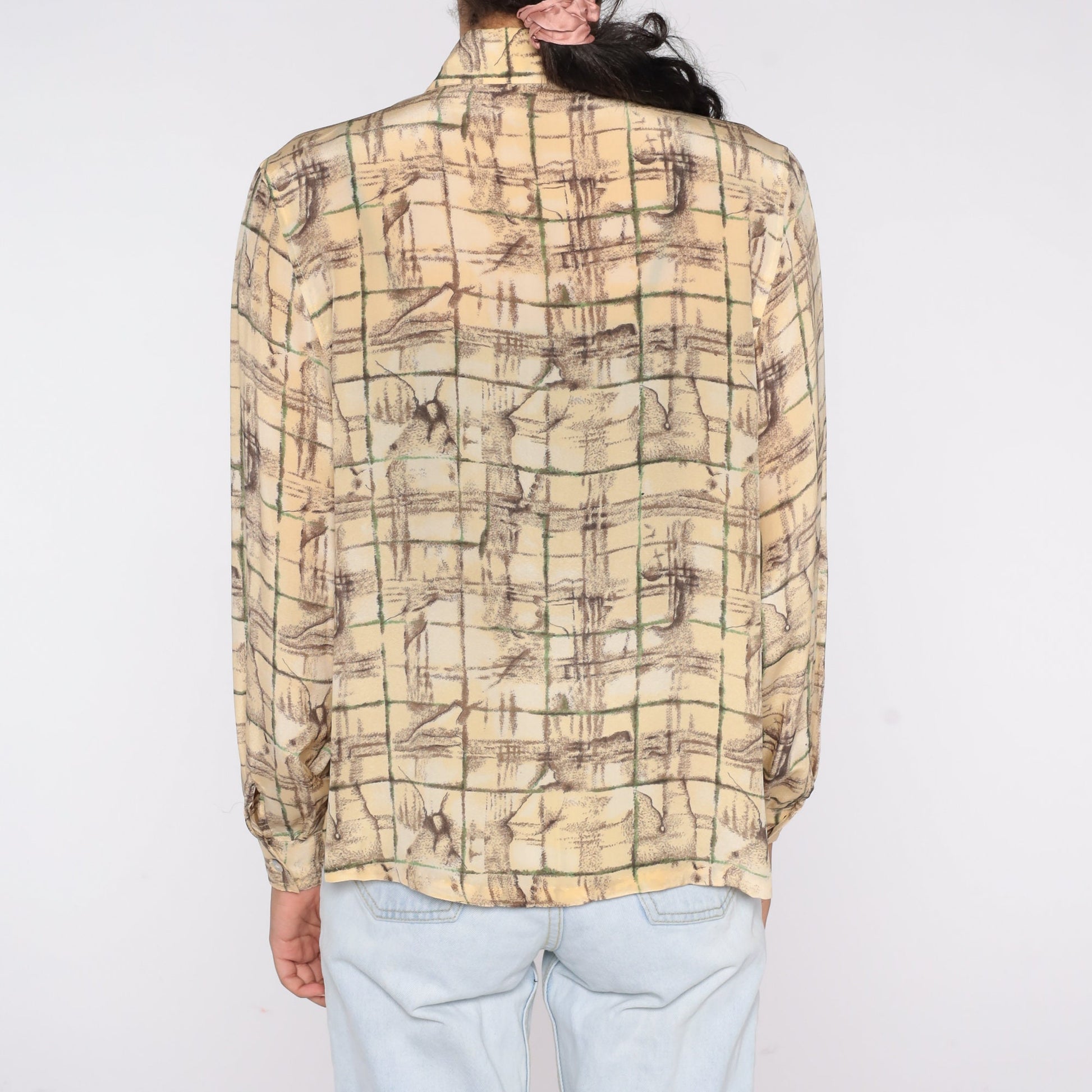 90s Silk Button Up Blouse Abstract Tile Print Cream Yellow Long Sleeve Small S