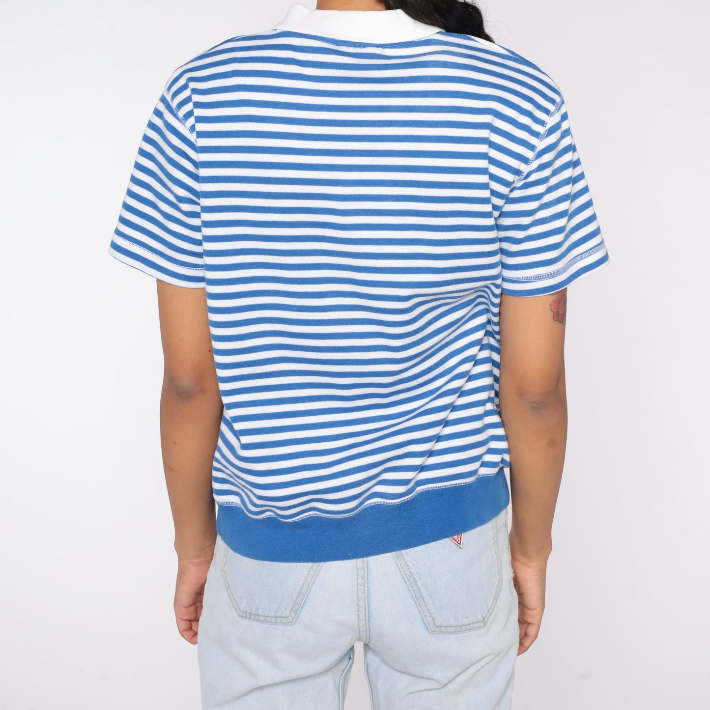 90s Blue White Striped Polo Shirt Embroidered Sea Creatures Palm Tree Small