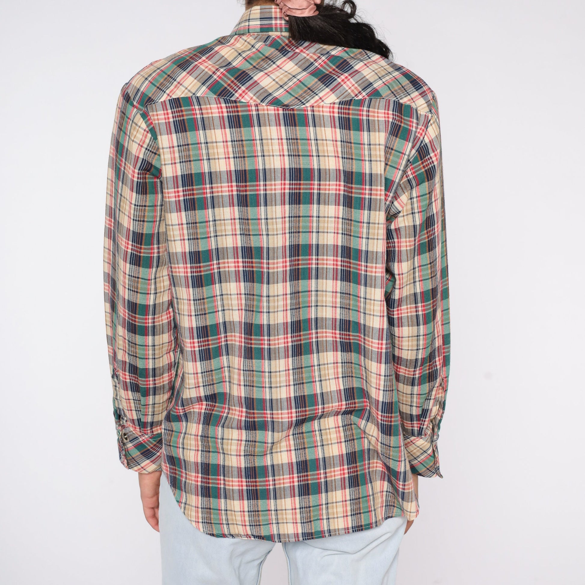 80s Mad Man Plaid Pearl Snap Western Shirt Long Sleeve Medium