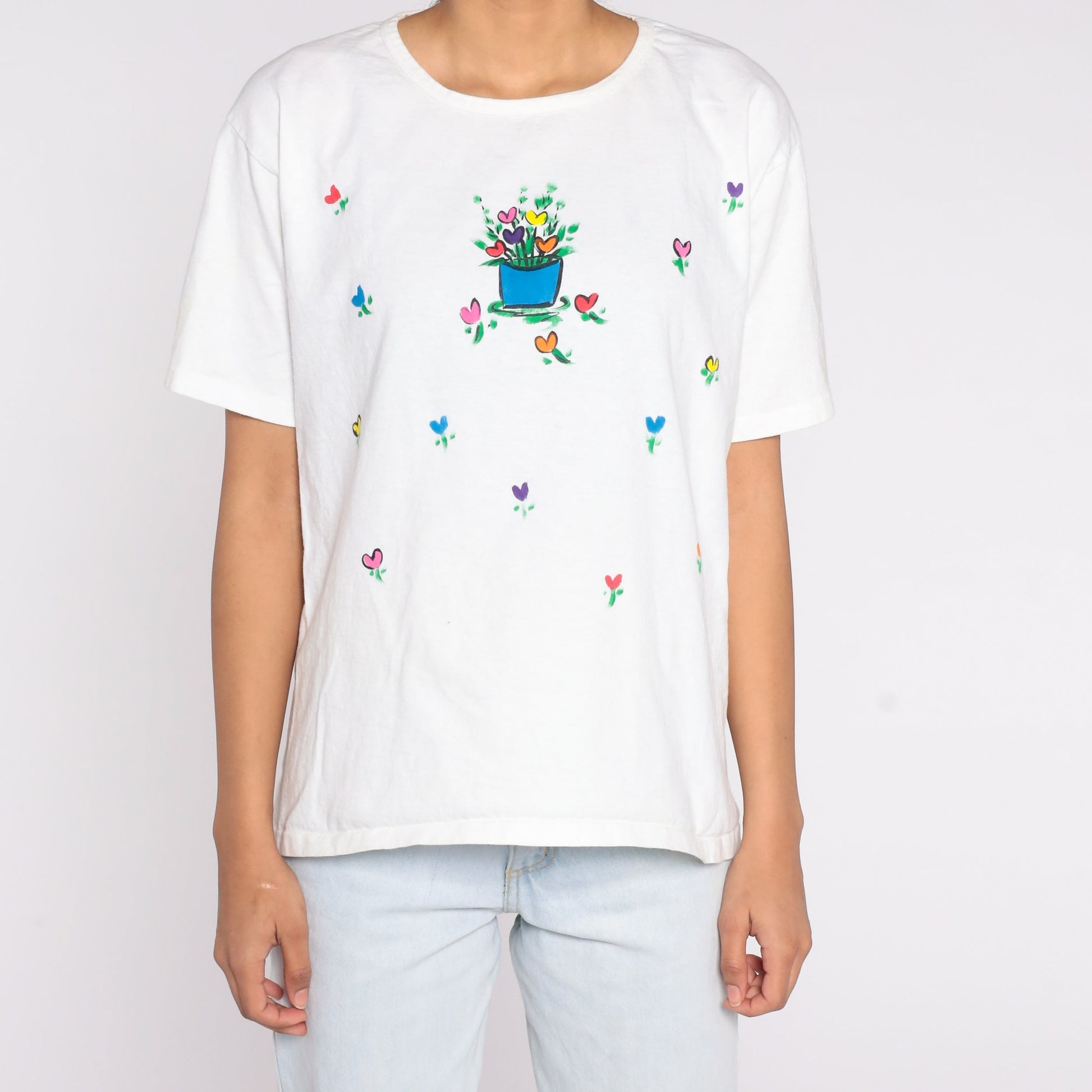 90s Floral Heart Flower Pot Cotton T-Shirt Tulip Graphic Tee Medium