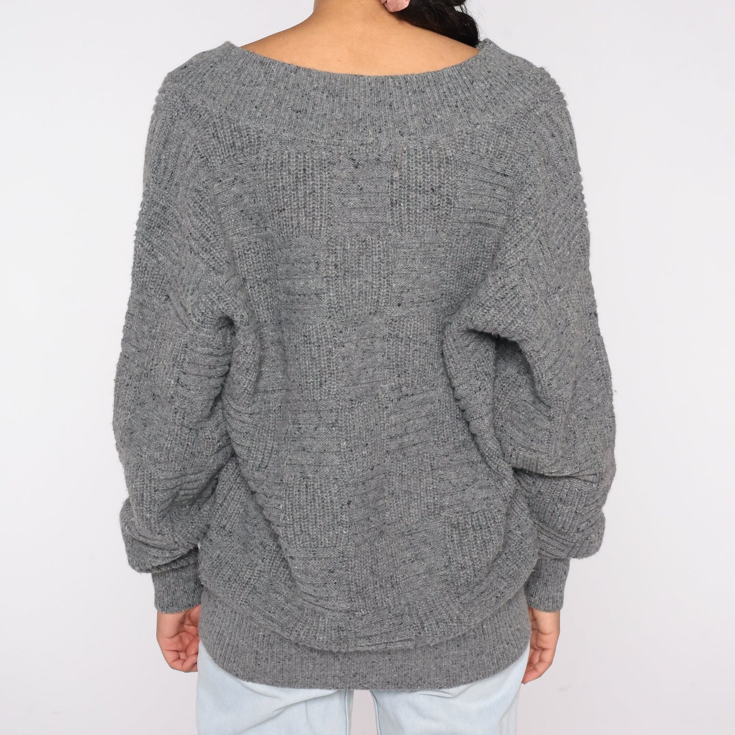 Pierre Cardin 90s Grey Textured Knit V-Neck Sweater Pullover Small