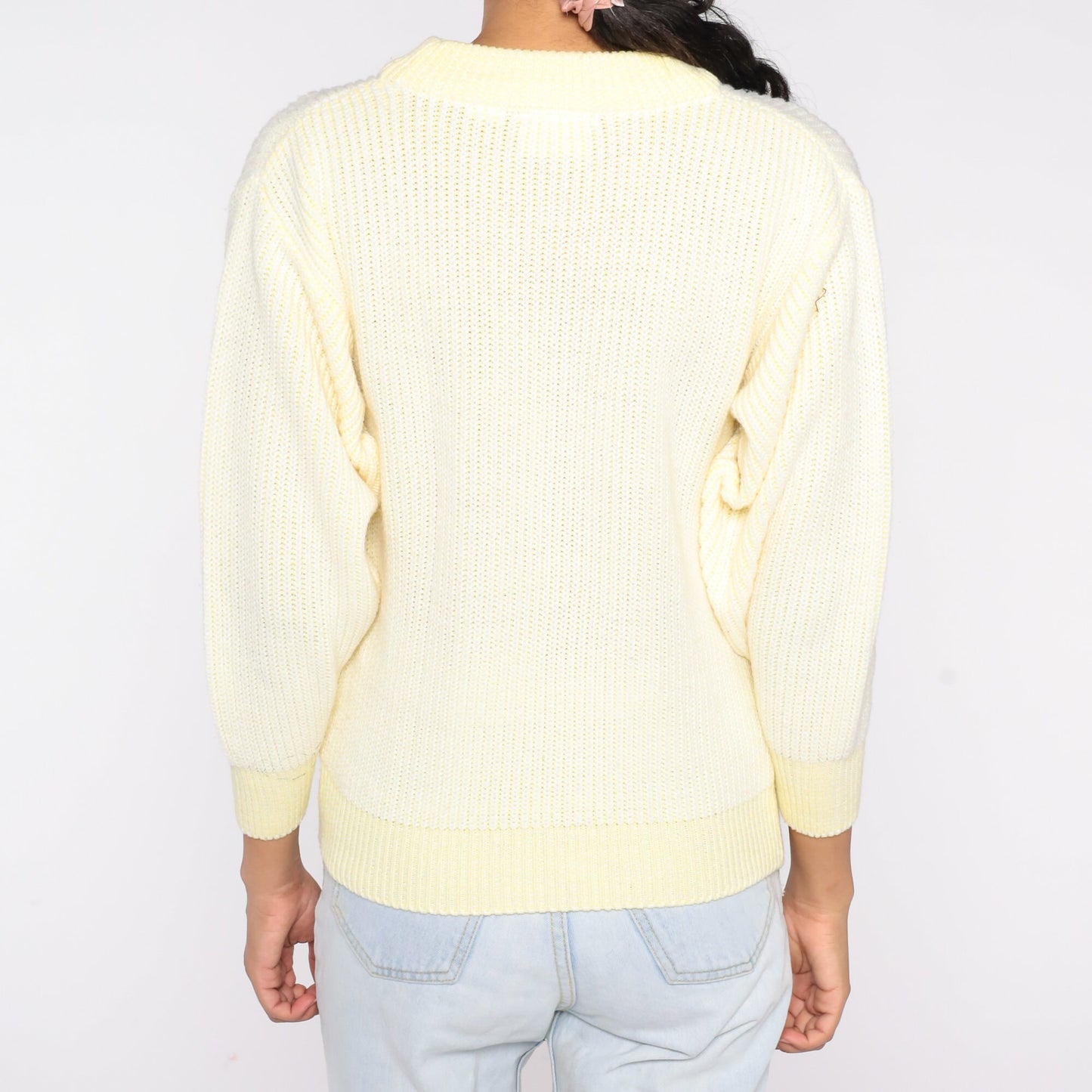 80s Yellow & White Knit Crewneck Sweater Pullover Small