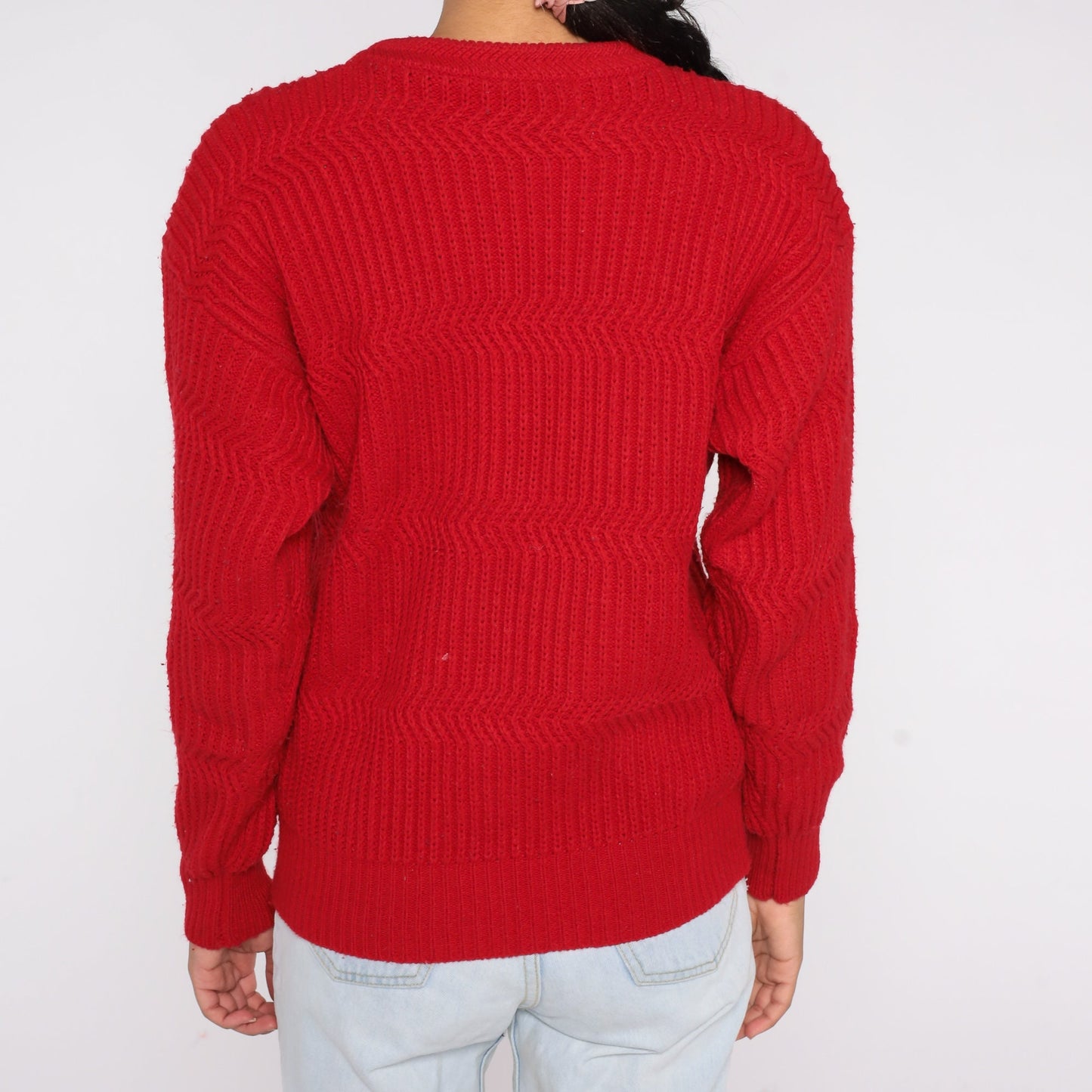 80s Saugatuck Red Knit Sweater Wavy Textured Crewneck Medium M