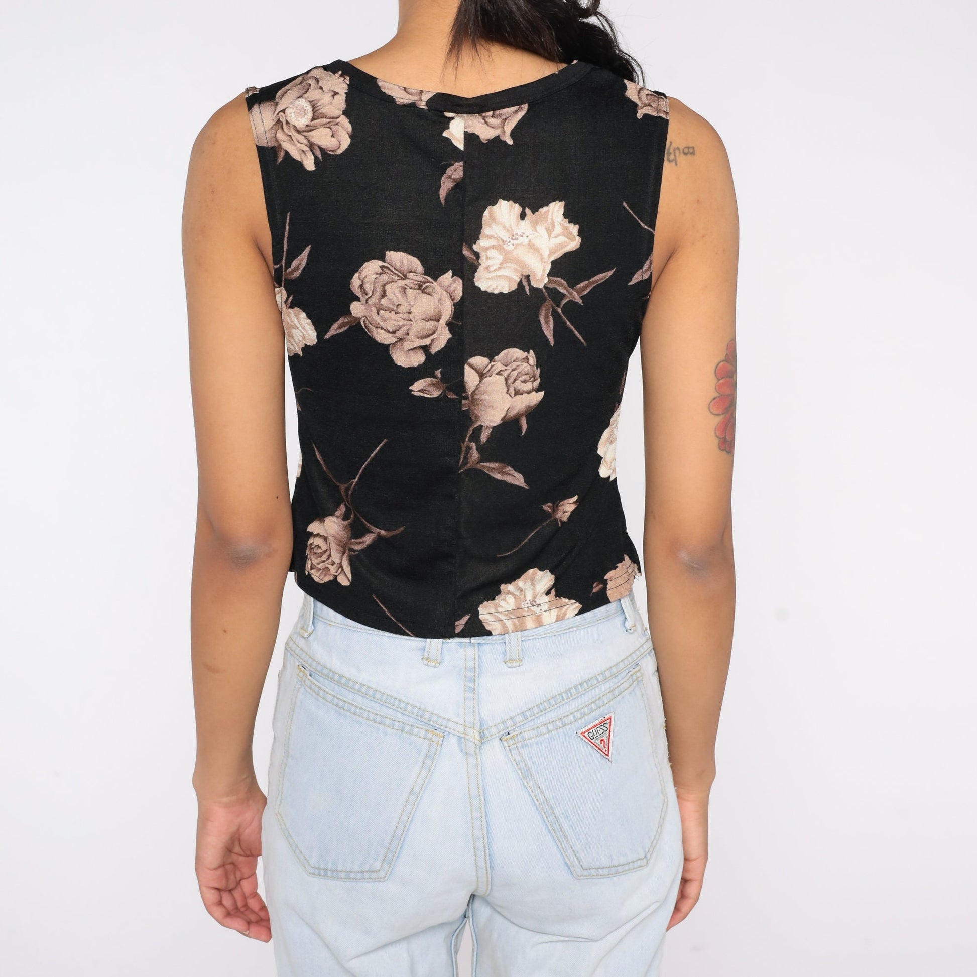 90s Black Floral Tank Top V Neck Cropped Sleeveless Blouse Medium